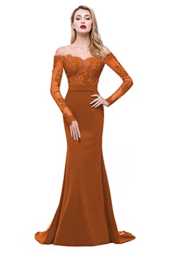 Luxlovery Off Shoulder Long Sleeve Mermaid Bridesmaid Dress - Elegant Lace Applique Satin Prom Gown for Formal Evening Events, Weddings & Special Occasions