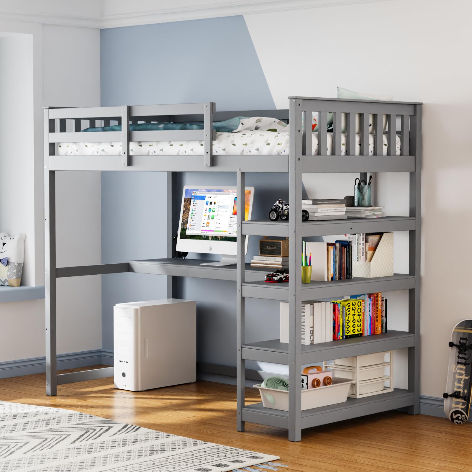 JOYMOR Twin Size Bunk Bed with Built-in Desk & 4-Layer Shelves - Space-Saving Loft Bed with Under Desk Storage & Bookcase - Sturdy Bed Frame for Kids, Teens & Adults - Perfect for Small Bedrooms, Dorms & Studio Apartments