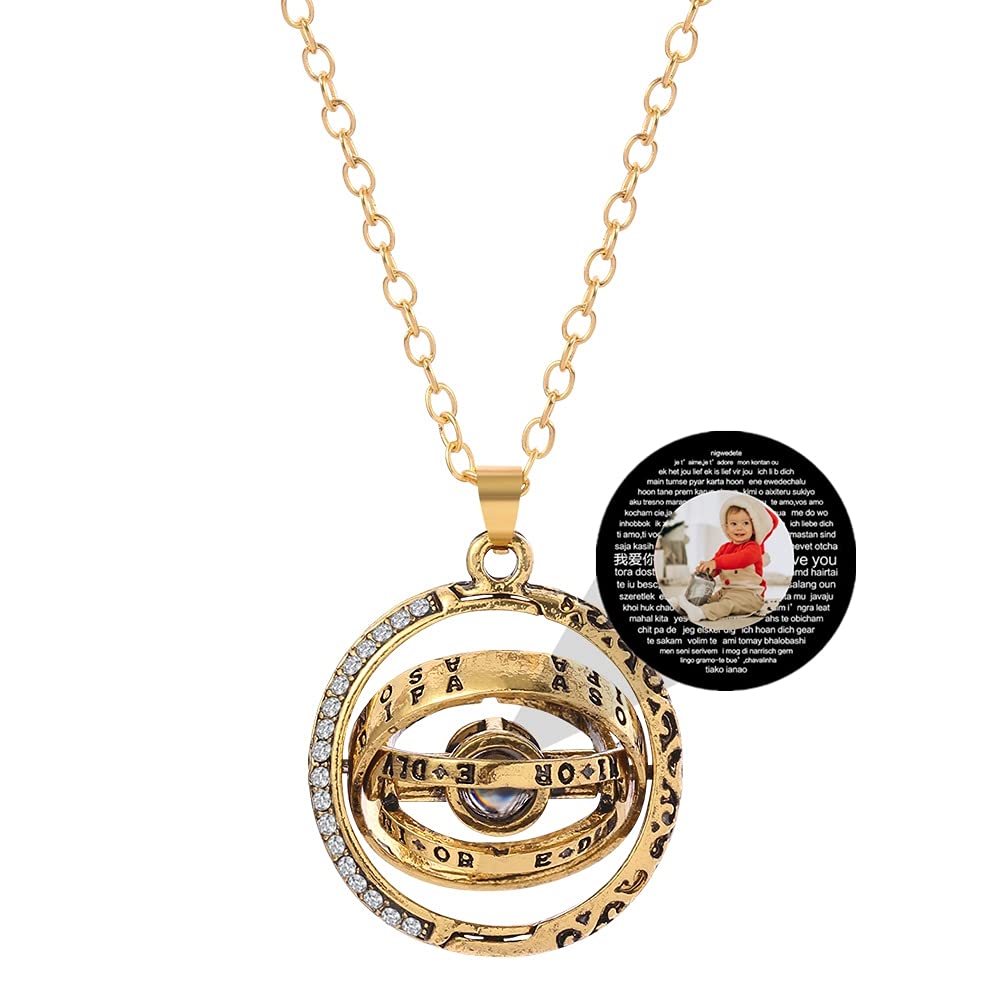 Custom Photo Projection Necklace - Foldable Astronomical Sphere Pendant in Sterling Silver with 'I Love You' in 100 Languages - Romantic Couple Gift for Anniversaries, Valentine's Day & Special Occasions
