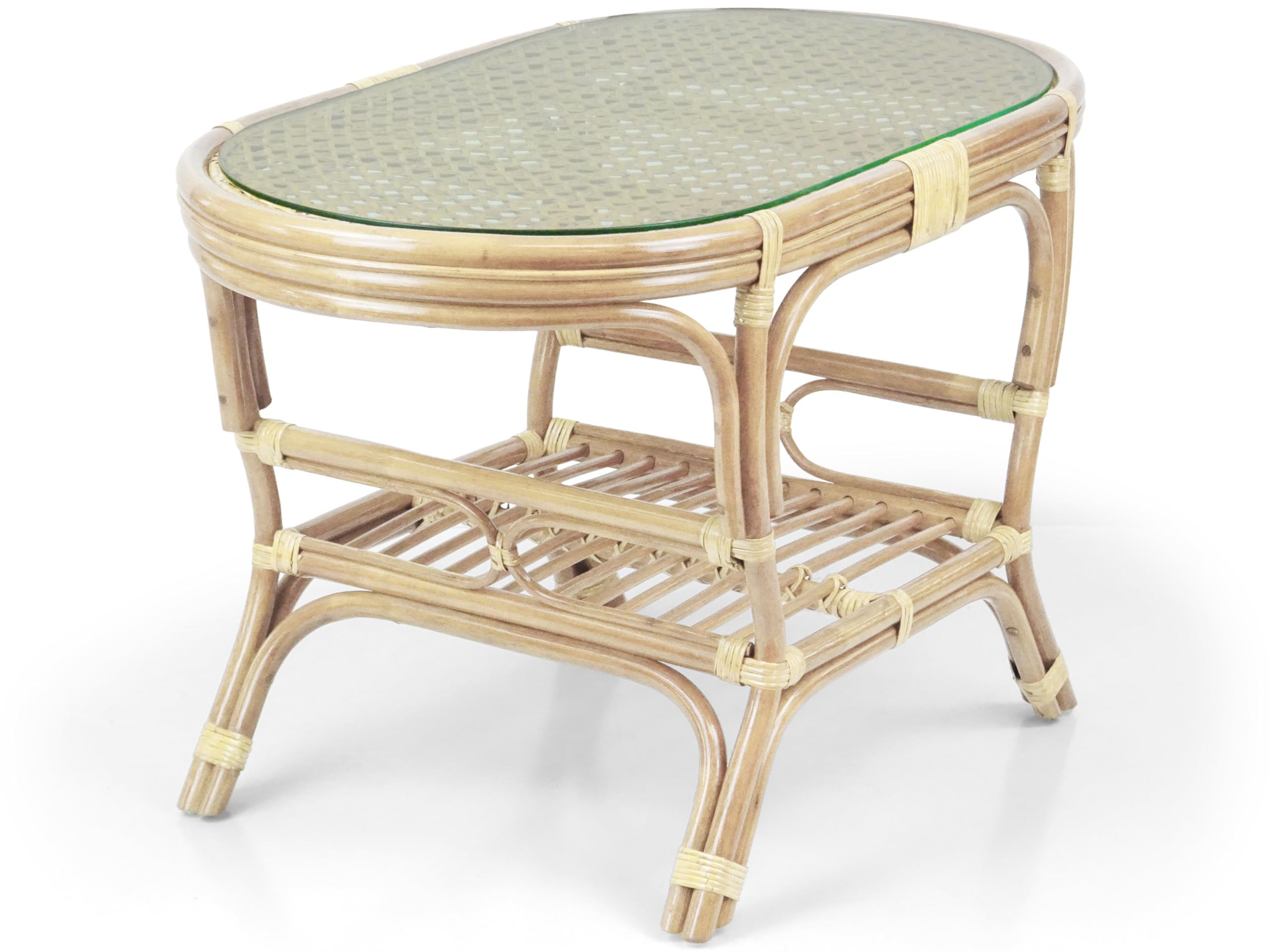 Pelangi Oval Coffee Table - Natural Rattan Wicker with Glass Top | Handmade Eco-Friendly Design for Living Room, Patio & Beach House Decor