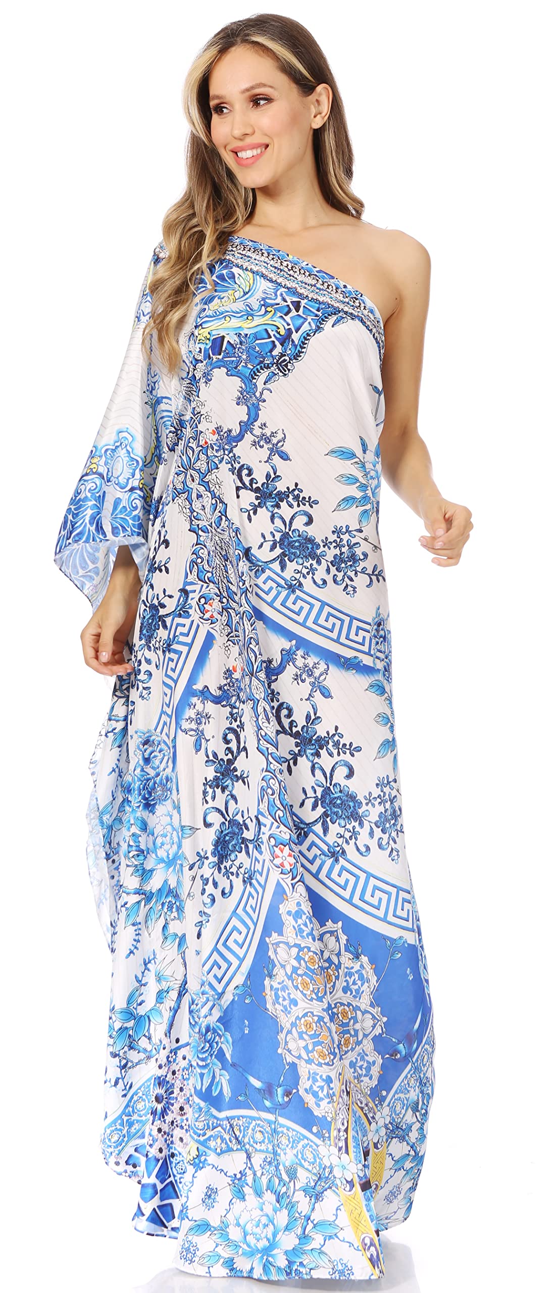 Sakkas Dora Women's One Shoulder Short Sleeve Floral Print Casual Elegant Maxi Dress for Summer Beach Party, Wedding Guest, Vacation & Date Night