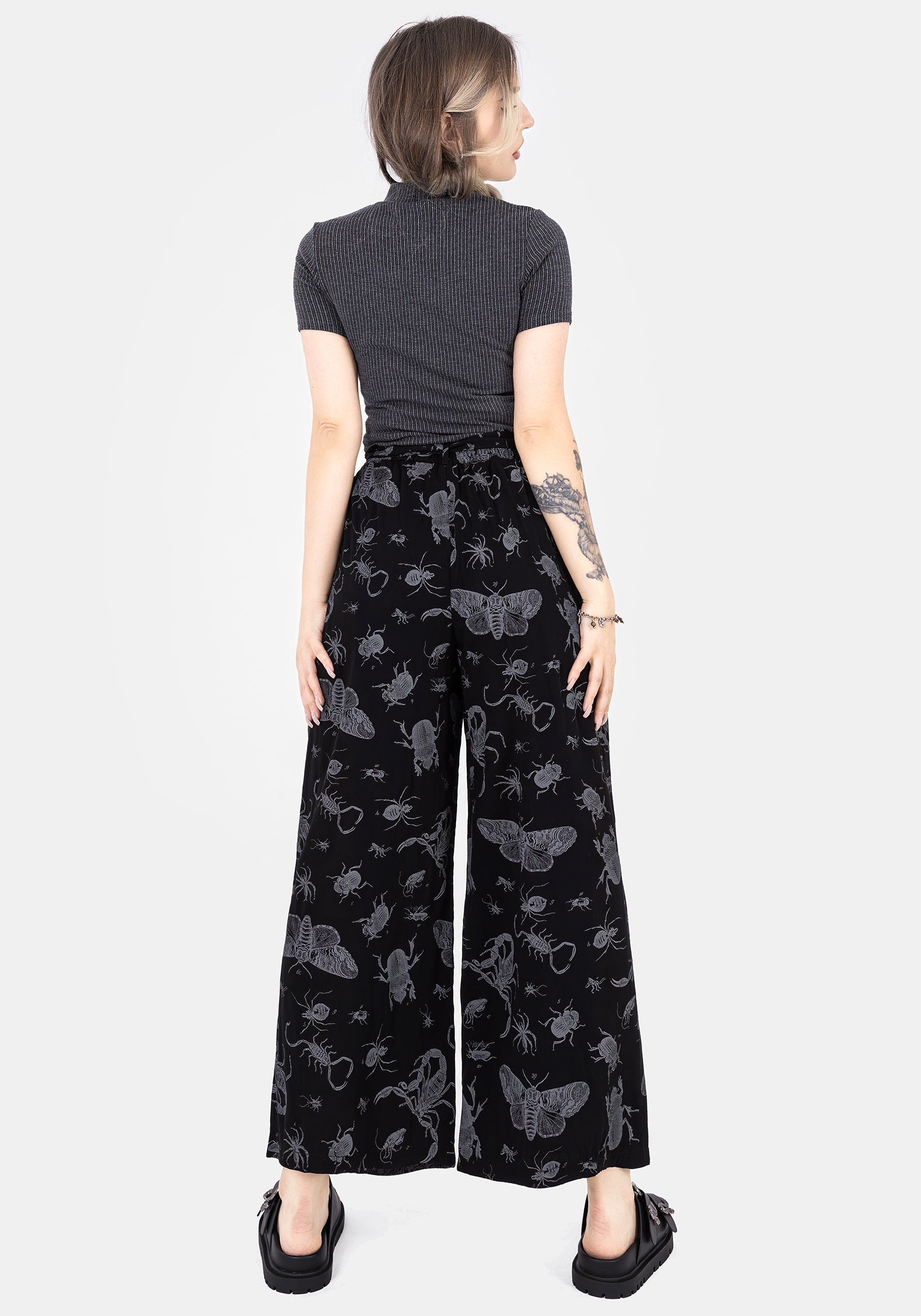 Parasite Bugs Wide Leg Paperbag Culotte Trousers for Women - High Waisted Black Palazzo Pants for Casual Wear & Office Outfits