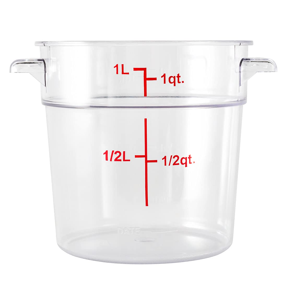 Restaurantware Met Lux 1 Quart (32 oz) Clear Plastic Food Storage Containers - 10-Pack Round Commercial Food Prep Buckets with Volume Markers, Lids Sold Separately | Space-Saving Kitchen Organization for Restaurants, Catering & Meal Prep