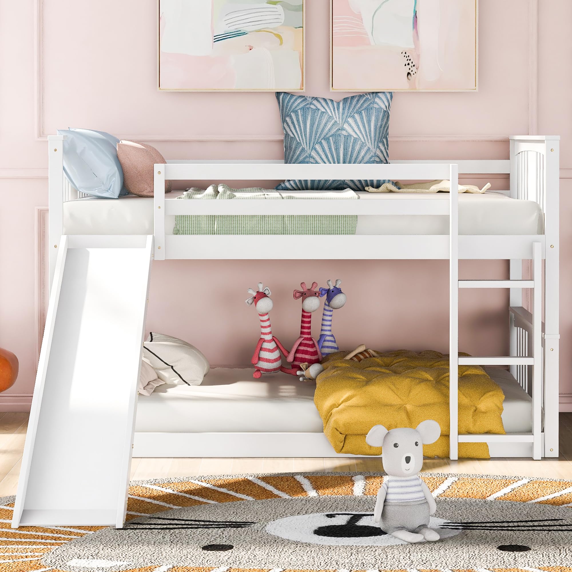 Montessori Twin Over Twin Bunk Bed with Slide & Ladder - Low Profile Kids Bunk Bed with Safety Guardrail, Headboard & Footboard - White Space-Saving Bunk Bed for Boys & Girls - Perfect for Small Bedrooms, Playrooms & Shared Kids' Rooms