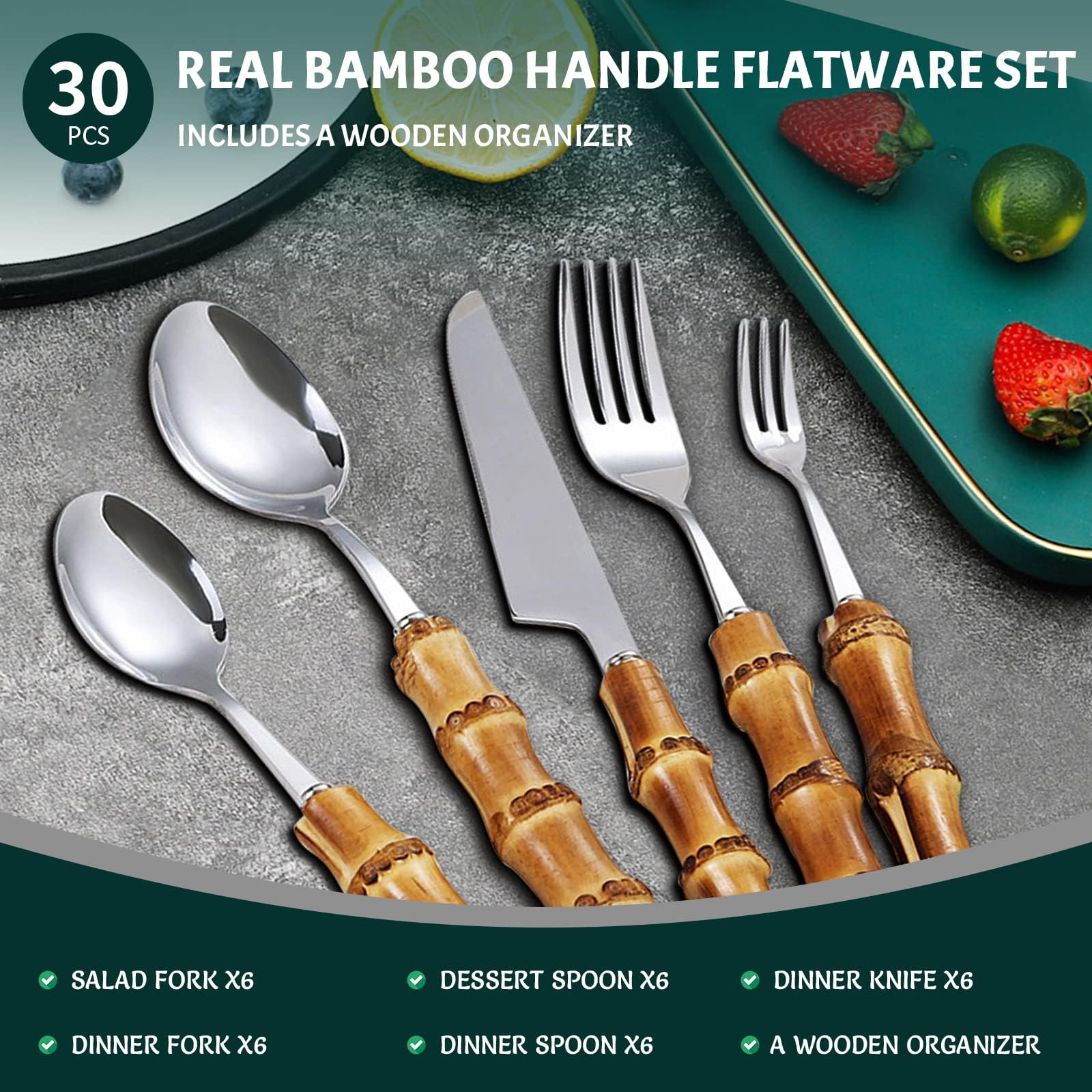 Premium 90-Piece Bamboo Handle Stainless Steel Cutlery Set - 18/8 Dishwasher Safe Flatware for 18 Place Settings - Eco-Friendly Kitchen Utensils for Everyday Dining, Dinner Parties & Restaurant Use