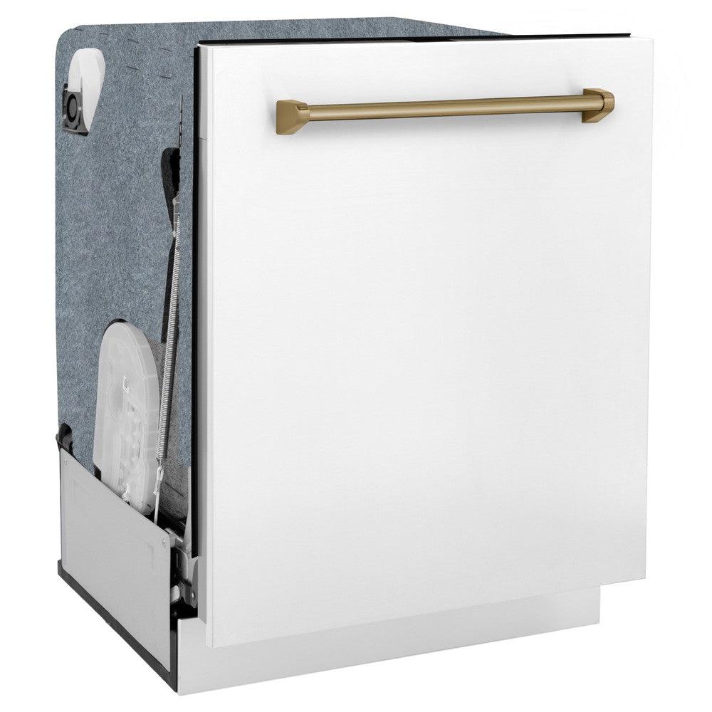 ZLINE Autograph Edition 24 Inch Monument Series 3rd Rack Dishwasher - White Matte with Champagne Bronze Handle, Ultra Quiet 45dBa, Top Touch Control, Tall Tub Design | Perfect for Modern Kitchens, Open Concept Homes & Luxury Apartments