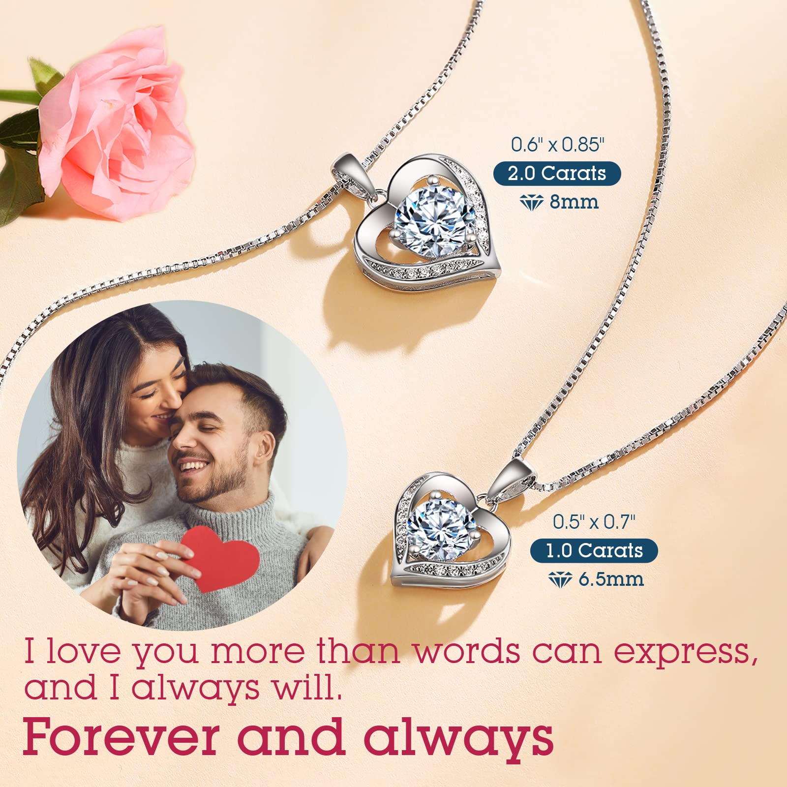 1-3 Carat Moissanite Heart Pendant Necklace for Women - Engraved 