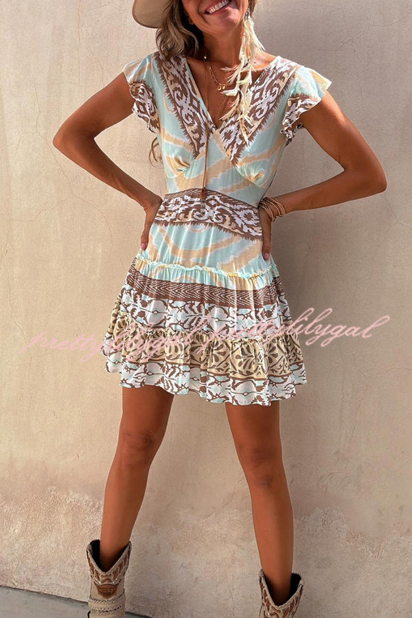 Surat Unique Color Block Print Ruffle Sleeve Elastic Waist Backless Mini Dress - Women's Fashion Party Cocktail Dress for Night Out, Date Night, Summer Beach Vacation