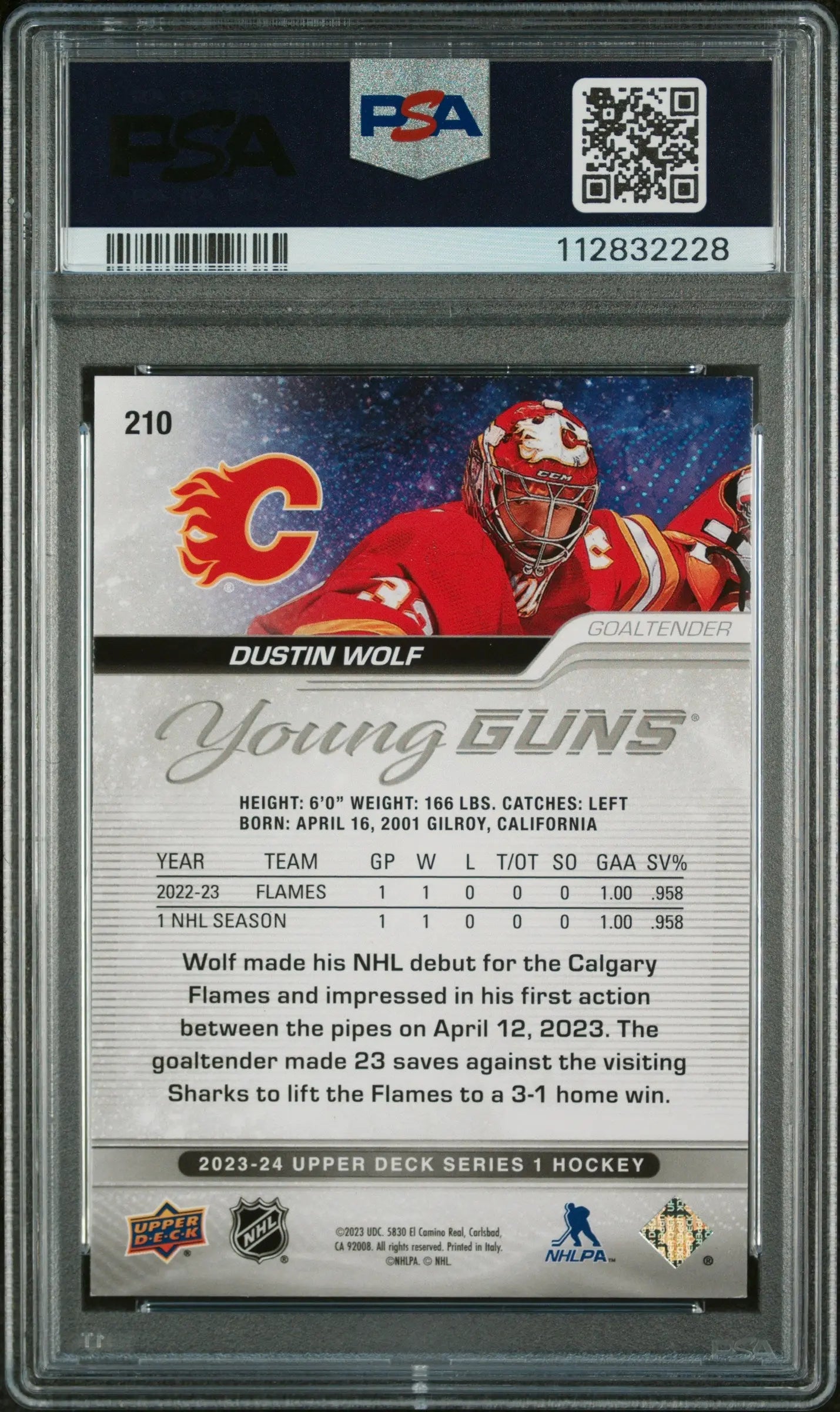 2023 Upper Deck Series 1 Hockey Dustin Wolf Young Guns Rookie Card Deluxe PSA 9 /250 - Collectible Trading Card for NHL Fans & Sports Memorabilia Enthusiasts