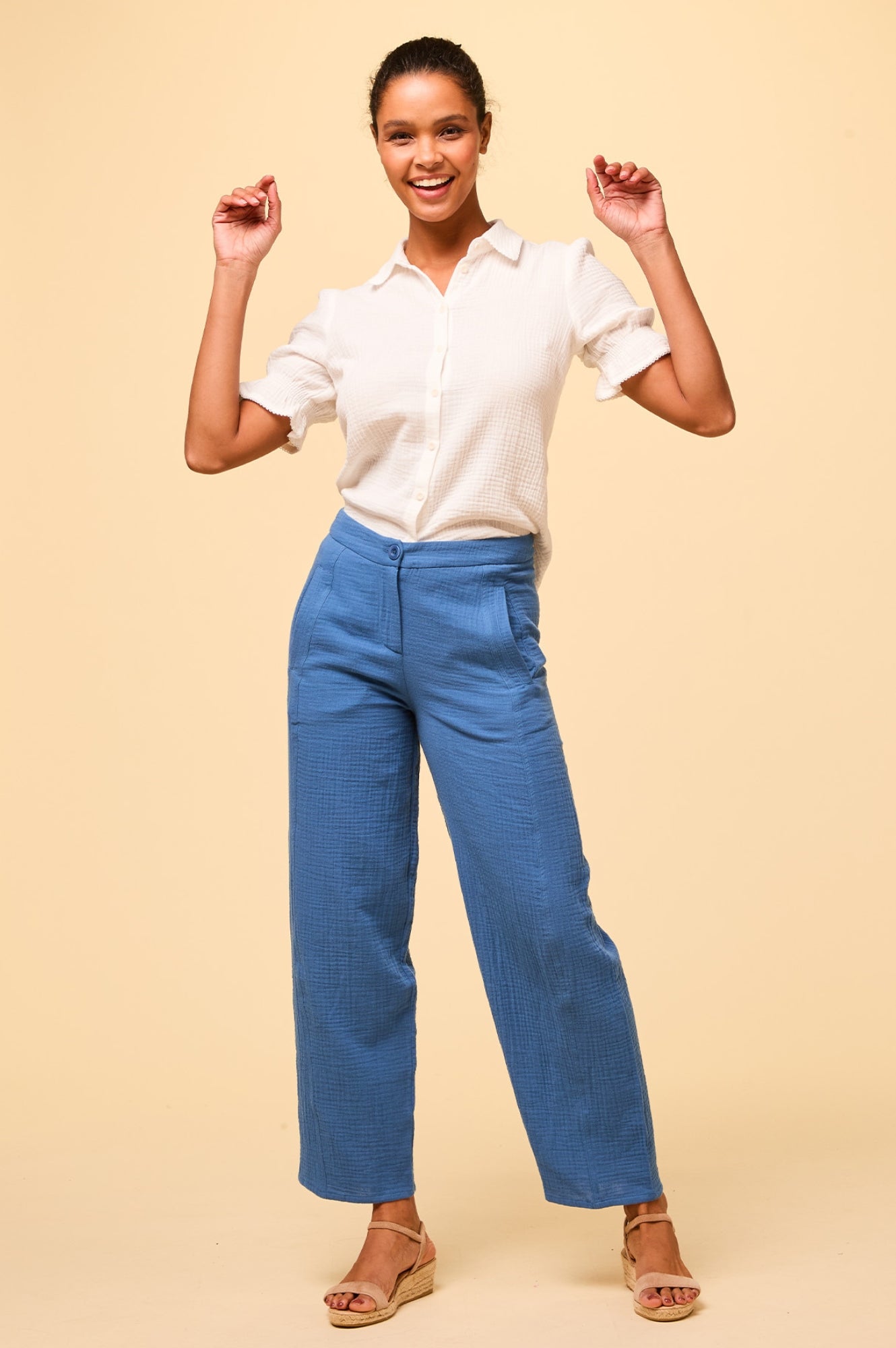 Libby Cheesecloth Trousers for Women - Marina Blue Linen Pants | Comfortable Summer Casual Wear for Beach, Travel & Everyday Outfits