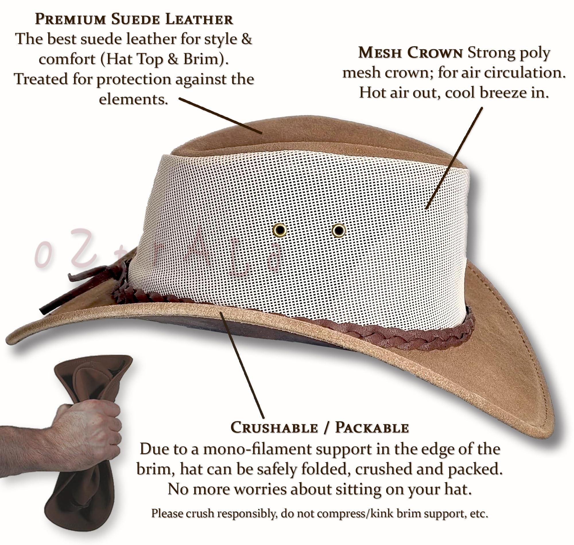Oztrala HL34 Suede Leather Mesh Cowboy Hat - Australian Outback Western Style for Golf, Fishing, Gardening & Summer Sun Protection - Breathable Breeze Design for Outdoor Adventures
