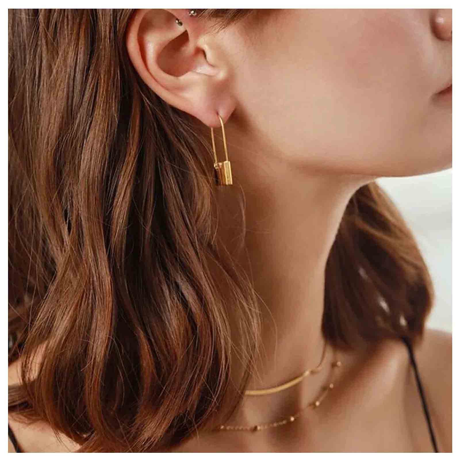 Boho Lock Hoop Earrings for Women - Gold Safety Pin Huggie Earrings with Personalized Padlock Charm | Trendy Jewelry Gift for Girls & Teens | Perfect for Parties, Date Nights & Everyday Wear
