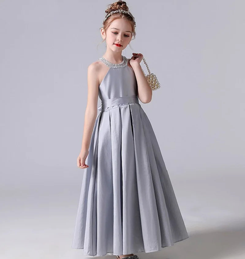Silver Satin Halter Flower Girl Dress - Long Princess Pageant Gown for Weddings, Baptisms & Special Occasions