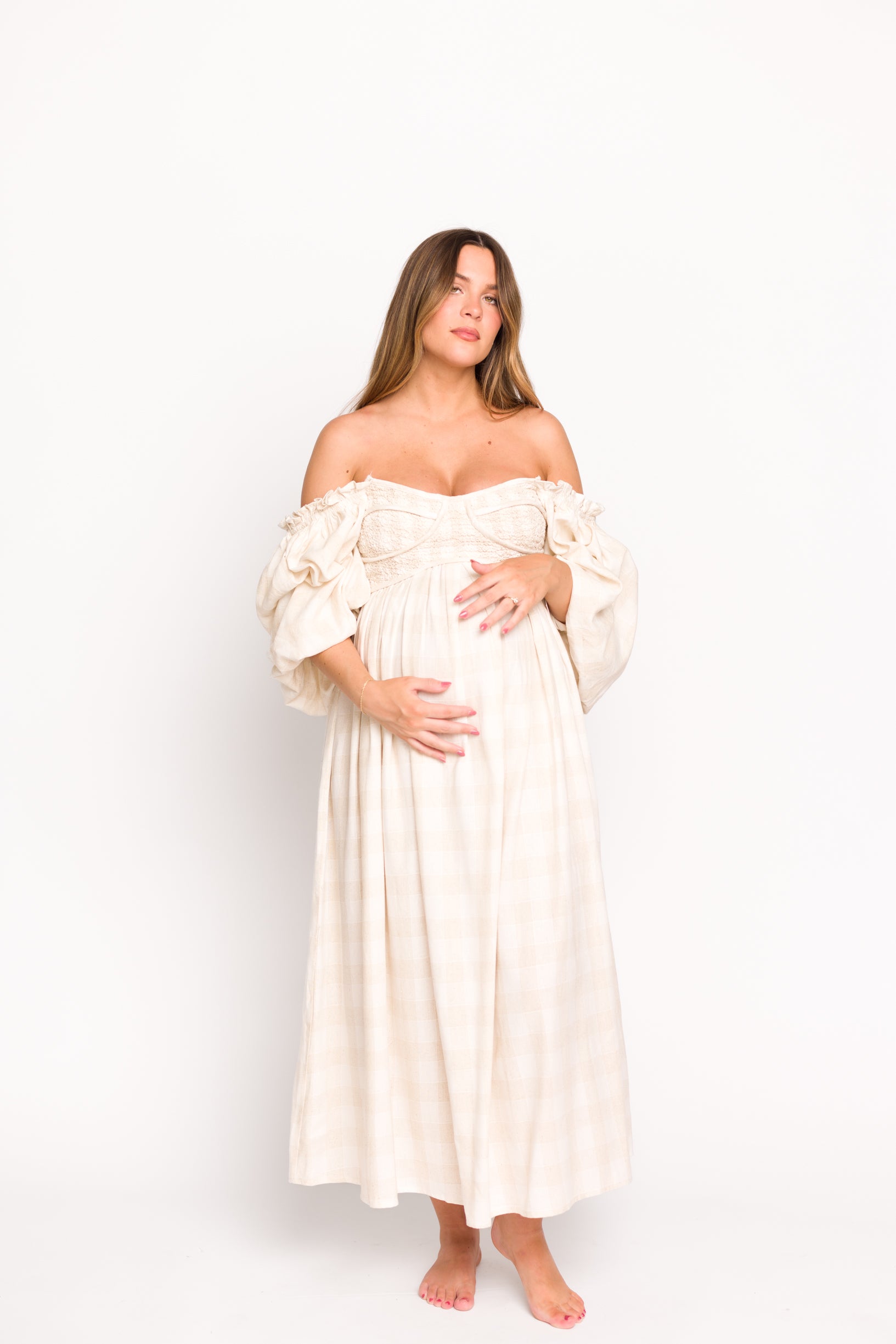Harlow Maxi Dress in Natural Plaid - Bump Friendly Maternity Dress (Sizes S-3XL) for Pregnancy, Nursing & Everyday Comfort