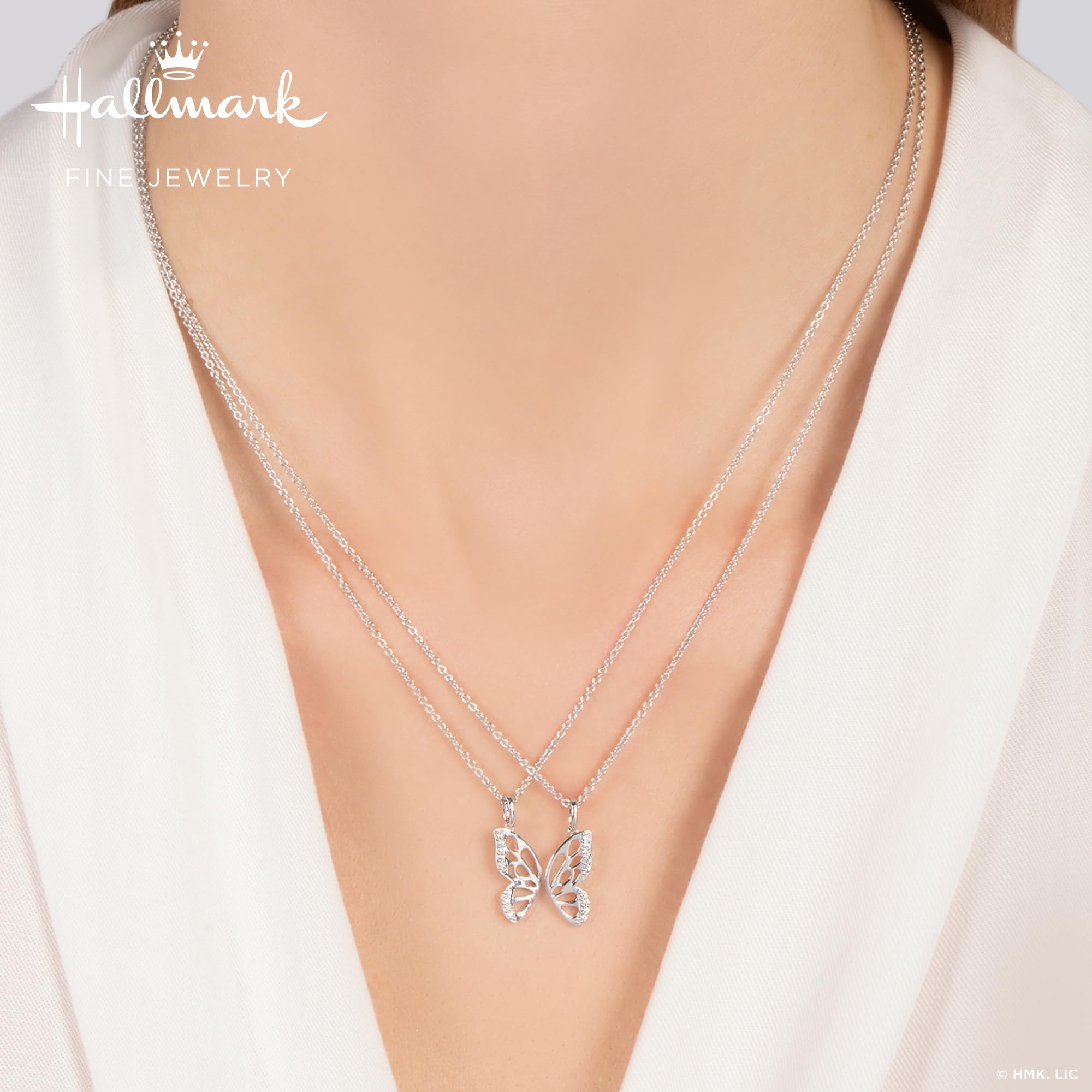 Jewelili Hallmark Fine Jewelry Butterfly Wing Pendant Necklace for Women - Sterling Silver with Natural White Round Diamonds | Elegant Gift Box Included | Perfect for Anniversaries, Birthdays & Special Occasions