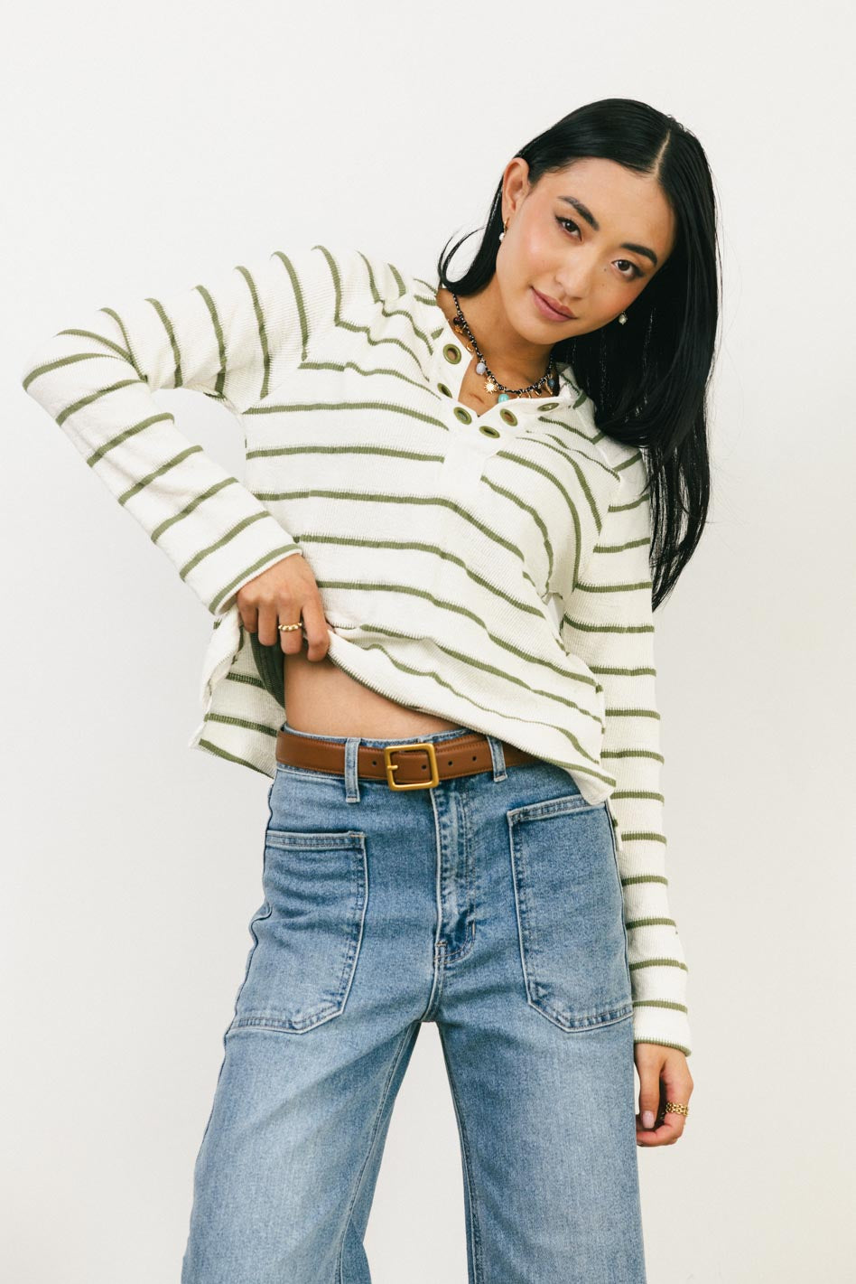 Franny Striped Grommet Top Women's Olive Green Casual Shirt - Perfect for Summer Outfits, Beach Wear and Boho Fashion Styles