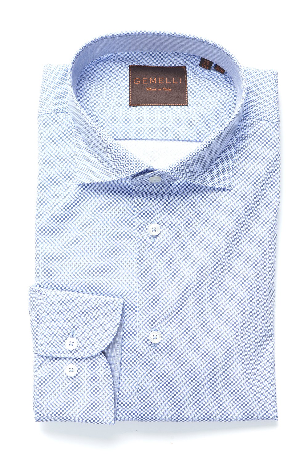 Men's Slim Fit Dress Shirt - 100% Cotton Italian Made Long Sleeve Shirt in White & Sky Blue Micro Square Dot Pattern | Perfect for Business Meetings, Weddings & Formal Occasions