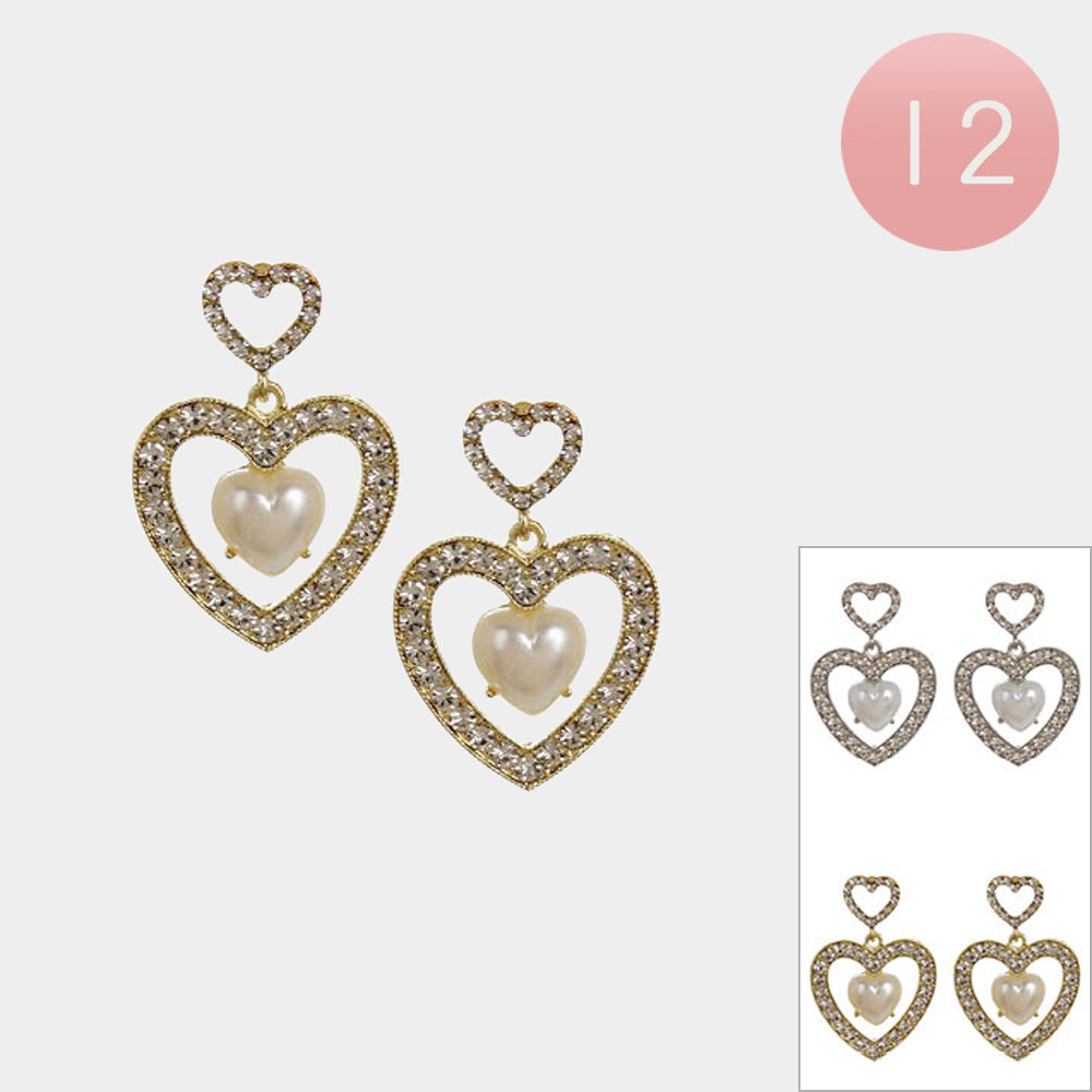 12 Pairs Heart Pearl Pointed Stone Paved Open Heart Dangle Earrings for Women - Elegant Bridal Jewelry, Wedding Party Accessories, Valentine's Day Gift