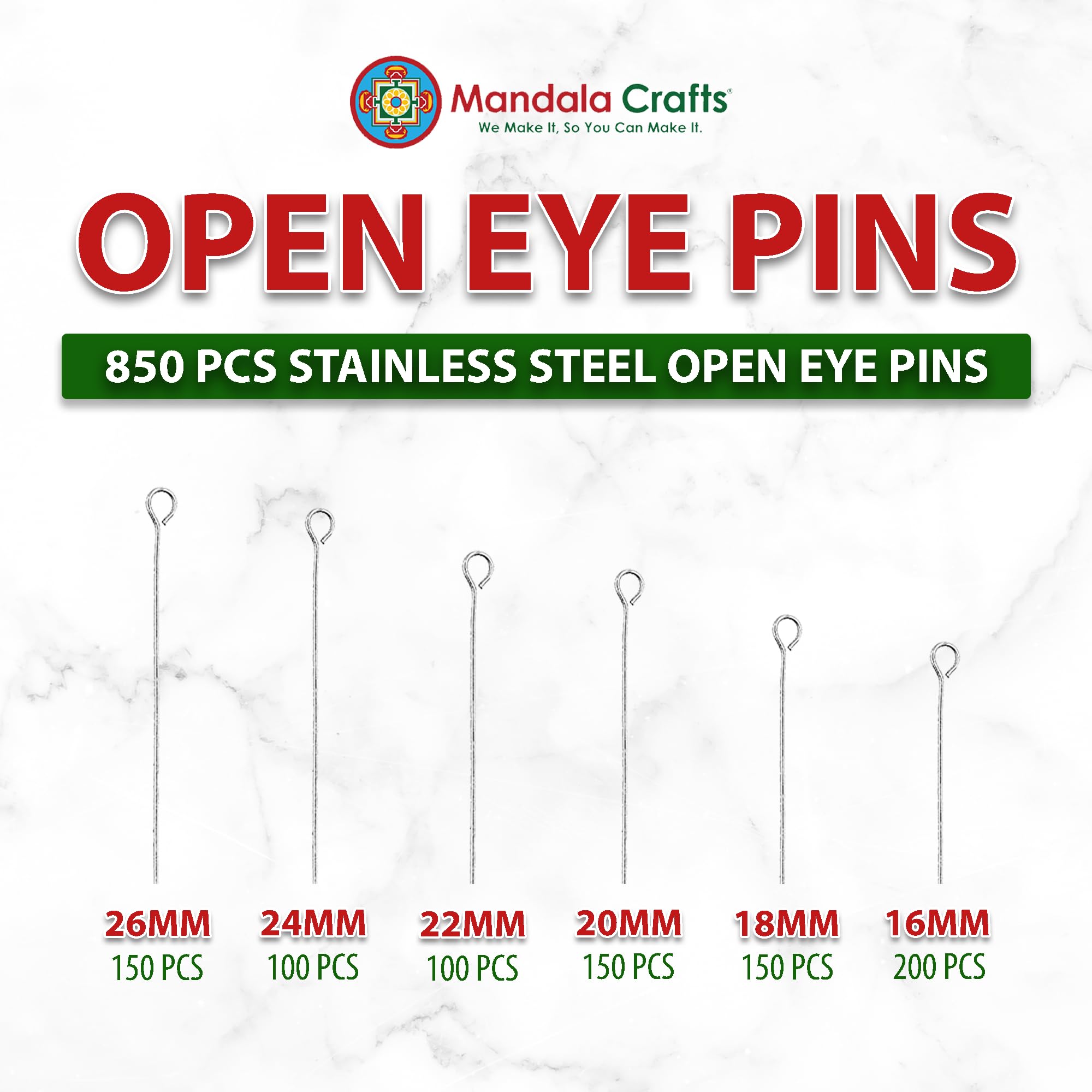 Stainless Steel Eye Pins for Jewelry Making - Open Eye Head Pins for DIY Earrings, Bracelets & Rosary Charms - Jewelry Findings & Craft Supplies for Beading, Wire Wrapping & Handmade Jewelry Designs