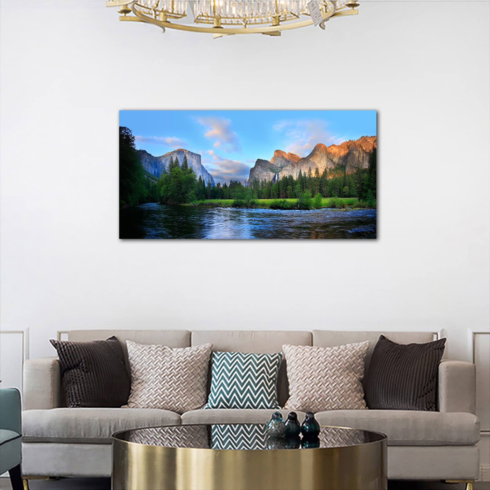 Yosemite Valley Panoramic Canvas Wall Art - 29x58 Inch Framed National Park Landscape Painting for Living Room, Bedroom & Office Decor | Nature Scenery Home Decoration | Perfect for Rustic, Modern & Cabin Interiors