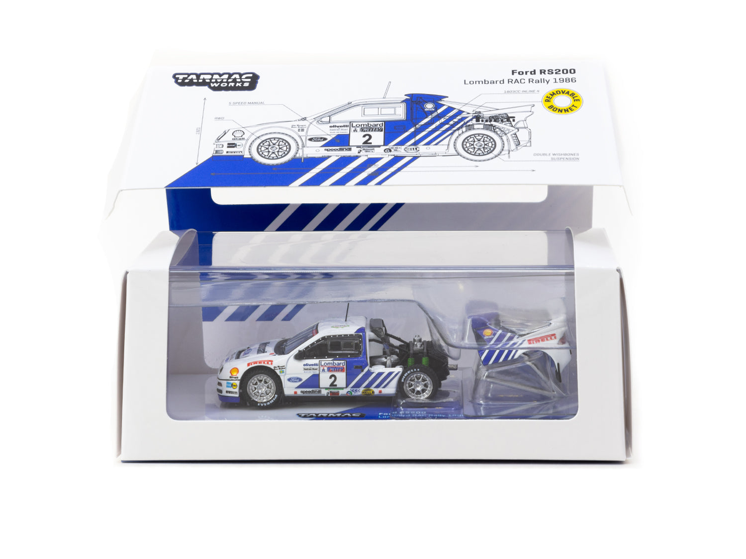 Tarmac Works 1/64 Scale Ford RS200 Lombard RAC Rally 1986 #2 Diecast Model Car - Collectible Miniature Vehicle for Display & Racing Scenes