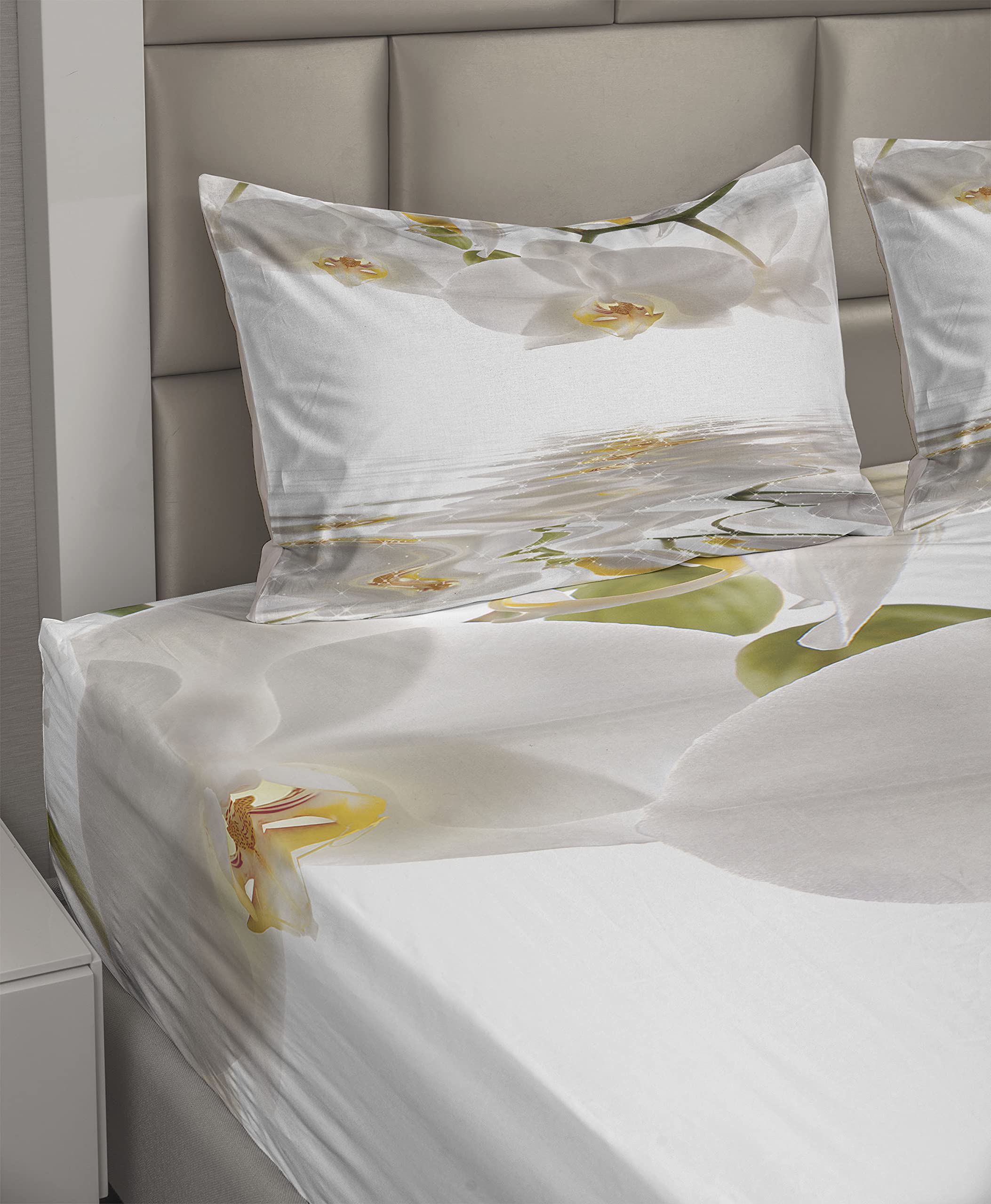Ambesonne Floral Bedding Set - Romantic Orchid Branch on Water Print 4-Piece King Size Sheet Set with Fitted Sheet, Flat Sheet & Pillowcases (Off-White & Orange) | Perfect for Master Bedroom, Guest Room & Vacation Homes