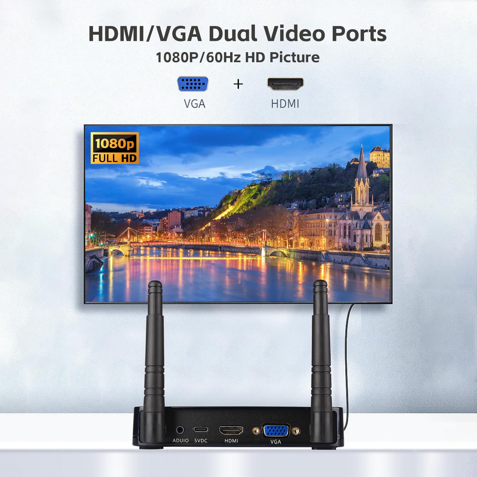 Wireless HDMI Transmitter and Receiver Kit - 1080P@60Hz Full HD HDMI VGA Extender Converter with 2.4/5G Dual Band, 100M/328FT Range - Stream Video & Audio from Laptop, PC, Camera to TV, Monitor, Projector for Home Theater, Gaming, Office Presentations