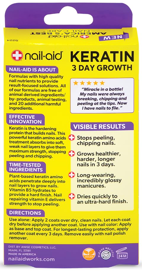 Nail-Aid Keratin 3 Day Growth Nail Treatment & Strengthener - Clear Formula for Stronger Nails (0.55 Fl Oz) - Perfect for Nail Care, Manicures & Healthy Growth