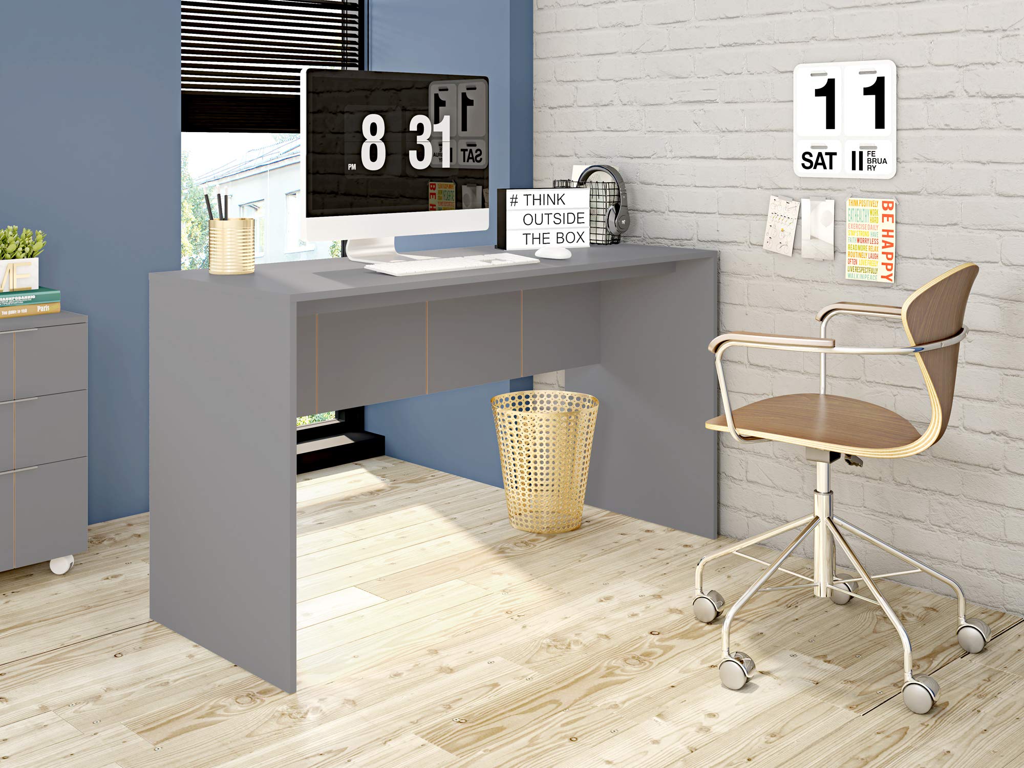 Mid Century Modern Office Desk - Manhattan Comfort Cornelia Modular Computer Table with Spacious Top & Footrest, 53.15