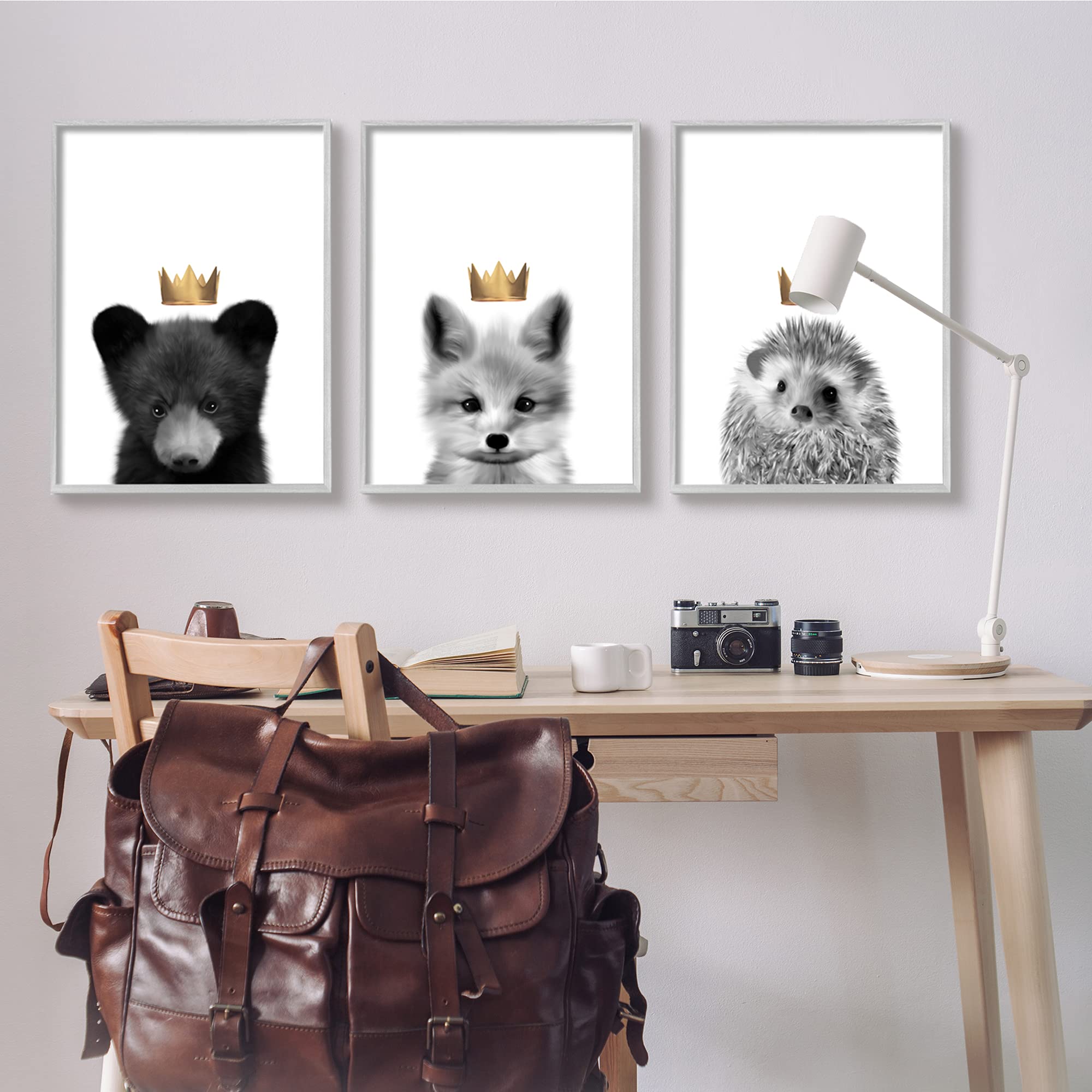 Stupell Industries Woodland Animals Bold Crowns Black Bear Fox Hedgehog Wall Art Set - 3pc Gray Framed Canvas (24