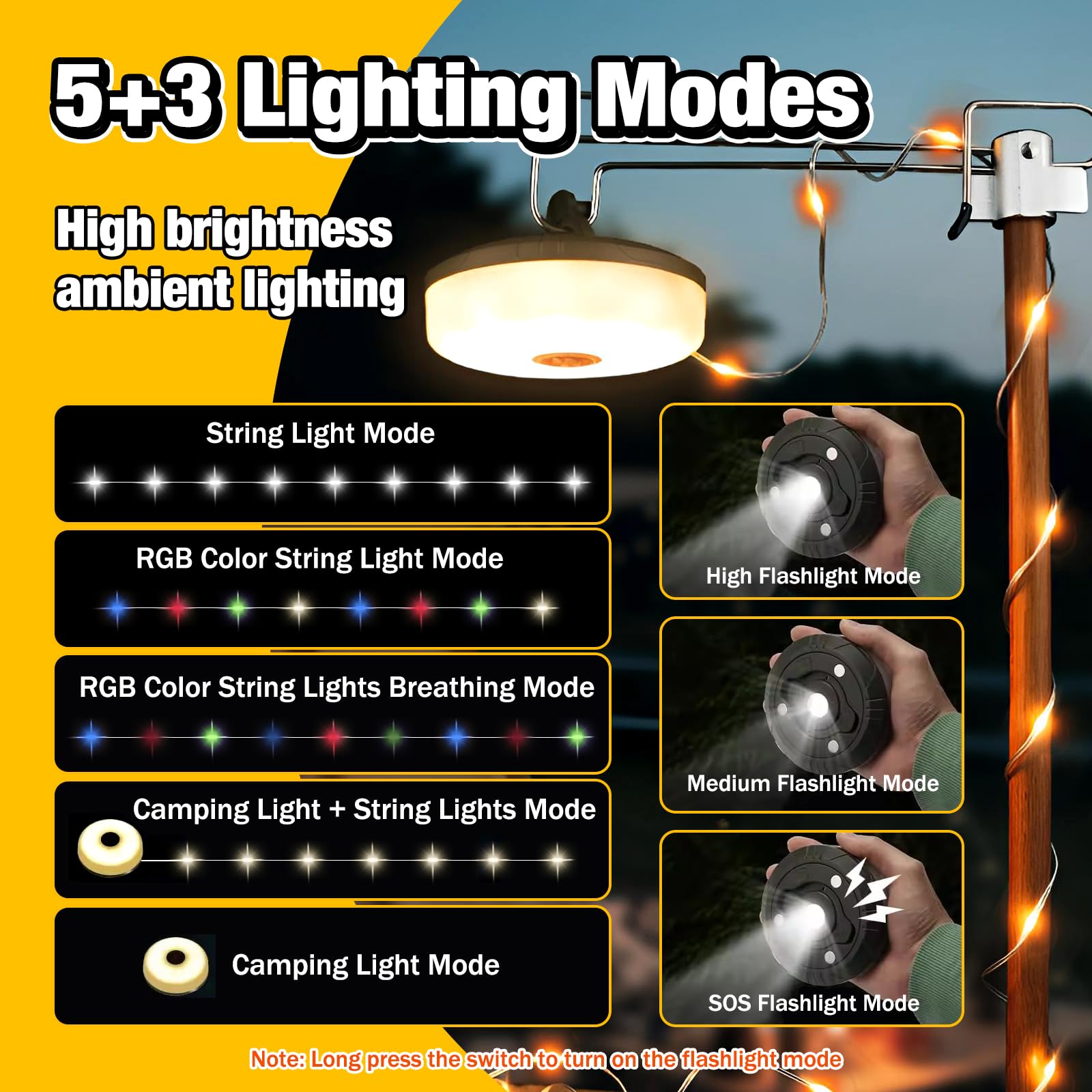 ZCOINS 3 in 1 Camping String Lights - 32.8FT Outdoor Waterproof RGB LED Lights with 8 Lighting Modes | USB Rechargeable Portable Lantern for Camping, Yard, Christmas Tree & Emergency Use | Perfect for Backyard Parties, Patio Decor and Holiday Lighting