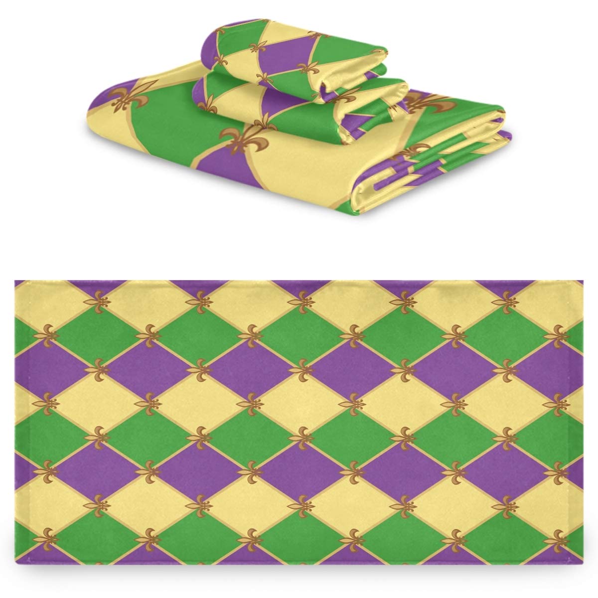 Premium Mardi Gras Fleur De Lis Pattern Luxury Bath Towel Set - 3-Piece Soft Decorative Towels (Bath, Hand & Washcloth) for Home, Hotel, Spa, Beach & Gym - Absorbent Quick-Dry Bathroom Essentials