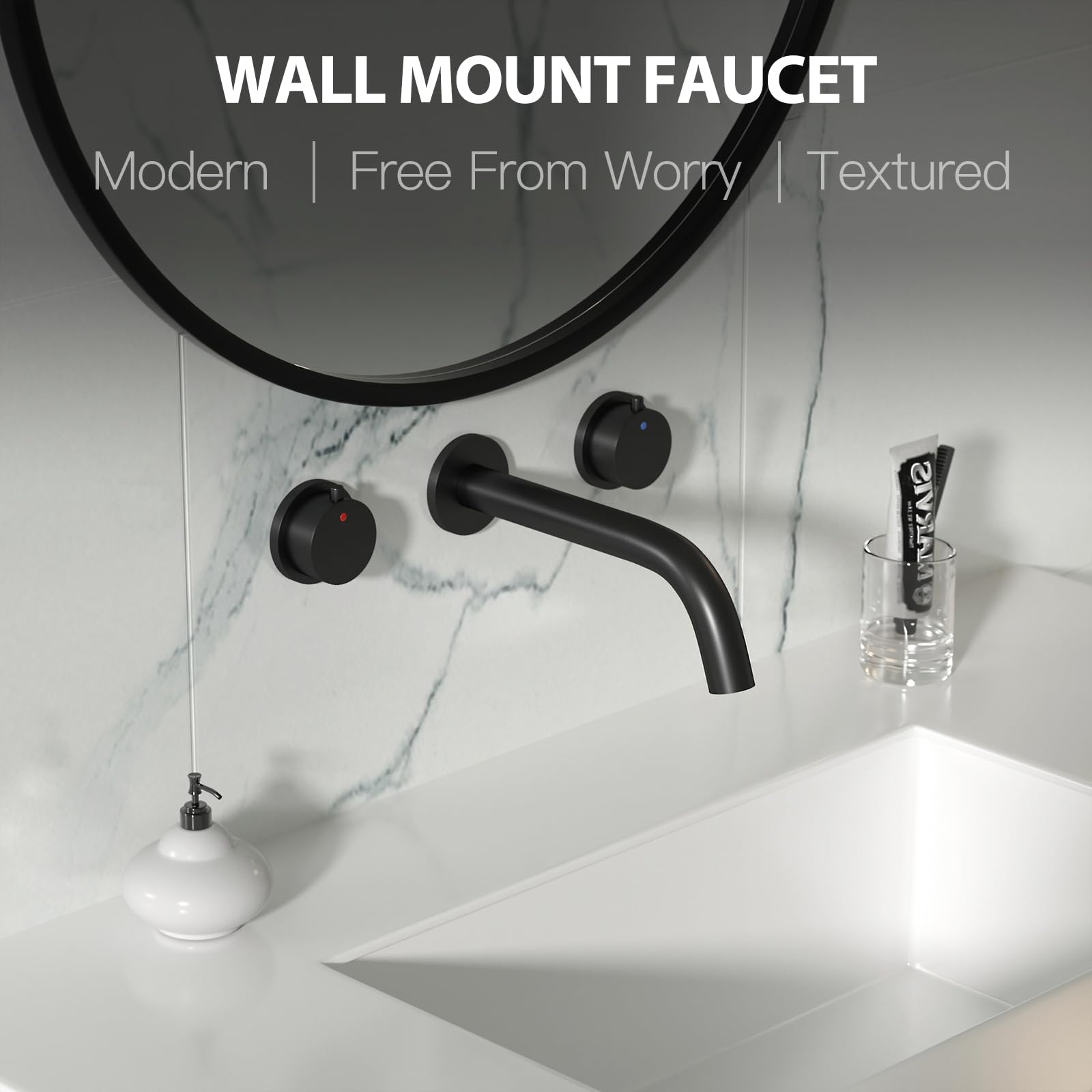 Black Wall Mount Faucet - Double Handle 3 Hole Bathroom Sink Faucet with Rough-in Valve - Perfect for Modern Lavatory Basins and Tub Installations