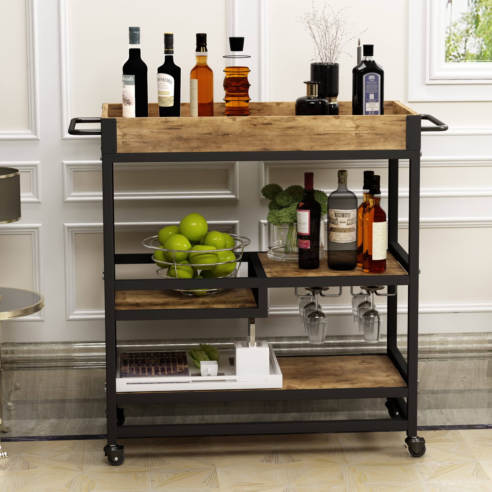Goujxcy Mobile Kitchen Island with Storage - Rolling Kitchen Cart with Drawers, Cabinets & Lockable Casters - Adjustable Shelves Dark Brown - Perfect for Small Kitchens, Apartments & Food Prep Stations