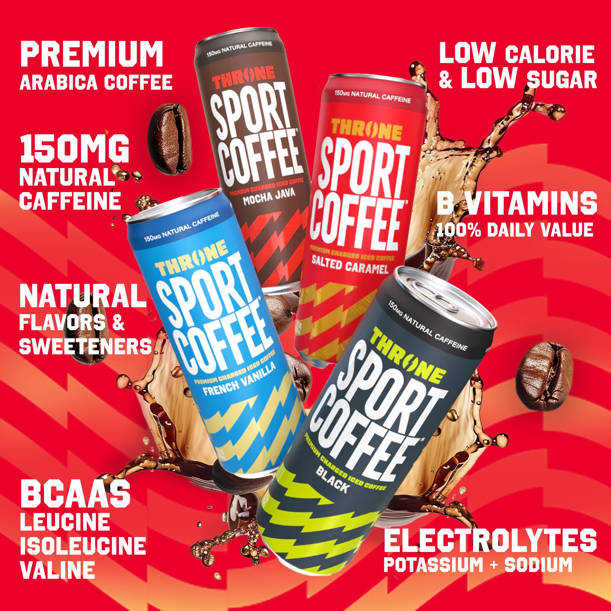Throne Sport Cold Brew Coffee Variety Pack (4-Pack) - Electrolyte-Infused Arabica Bean Coffee for Athletes - Dairy-Free, Low Calorie Energy Drink - Perfect for Workouts, Running & Post-Exercise Recovery