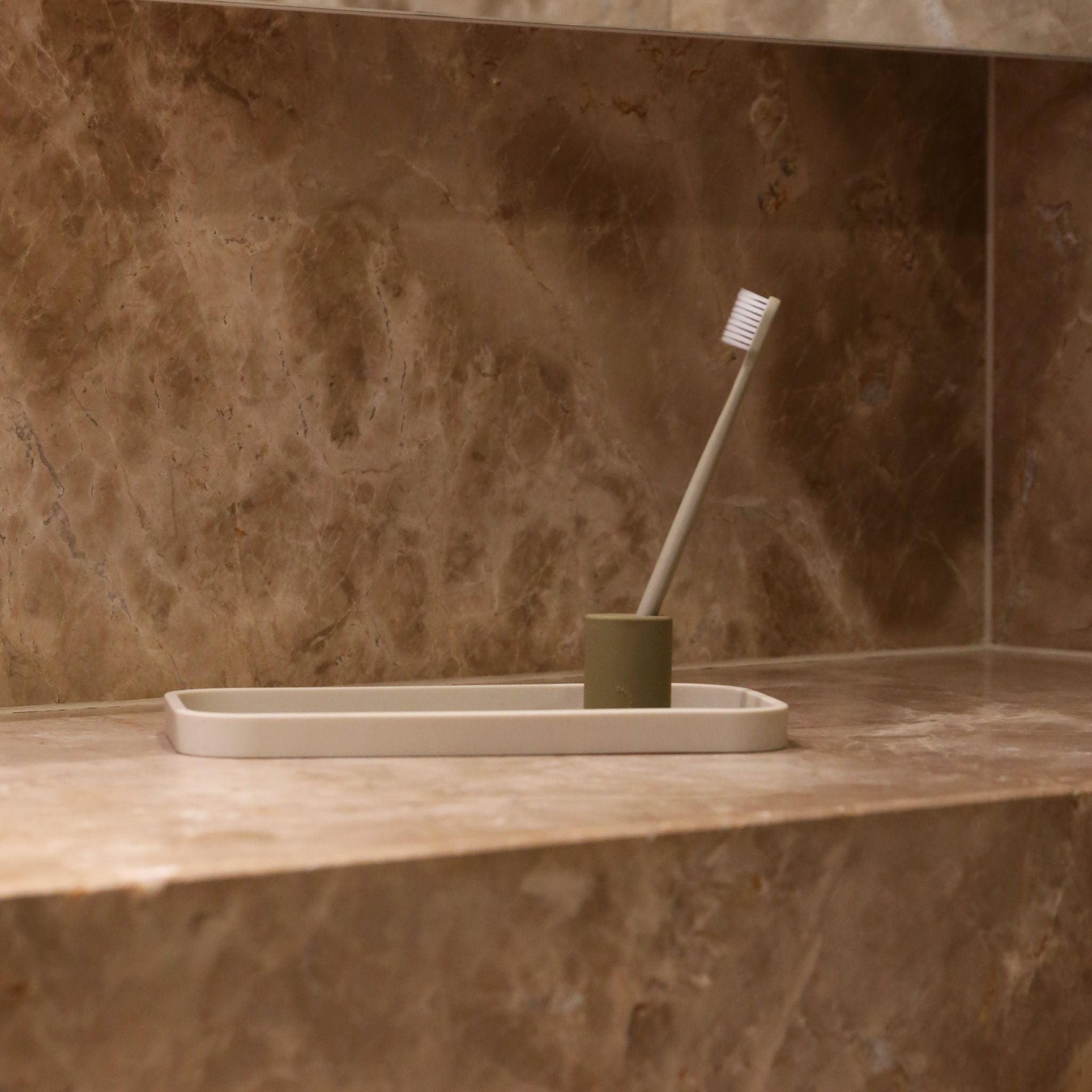 DESIGNSTUFF Toothbrush Holder - Modern Khaki Bathroom Organizer for Countertop or Wall Mount | Perfect for Home, Apartment, Dorm & Travel Use