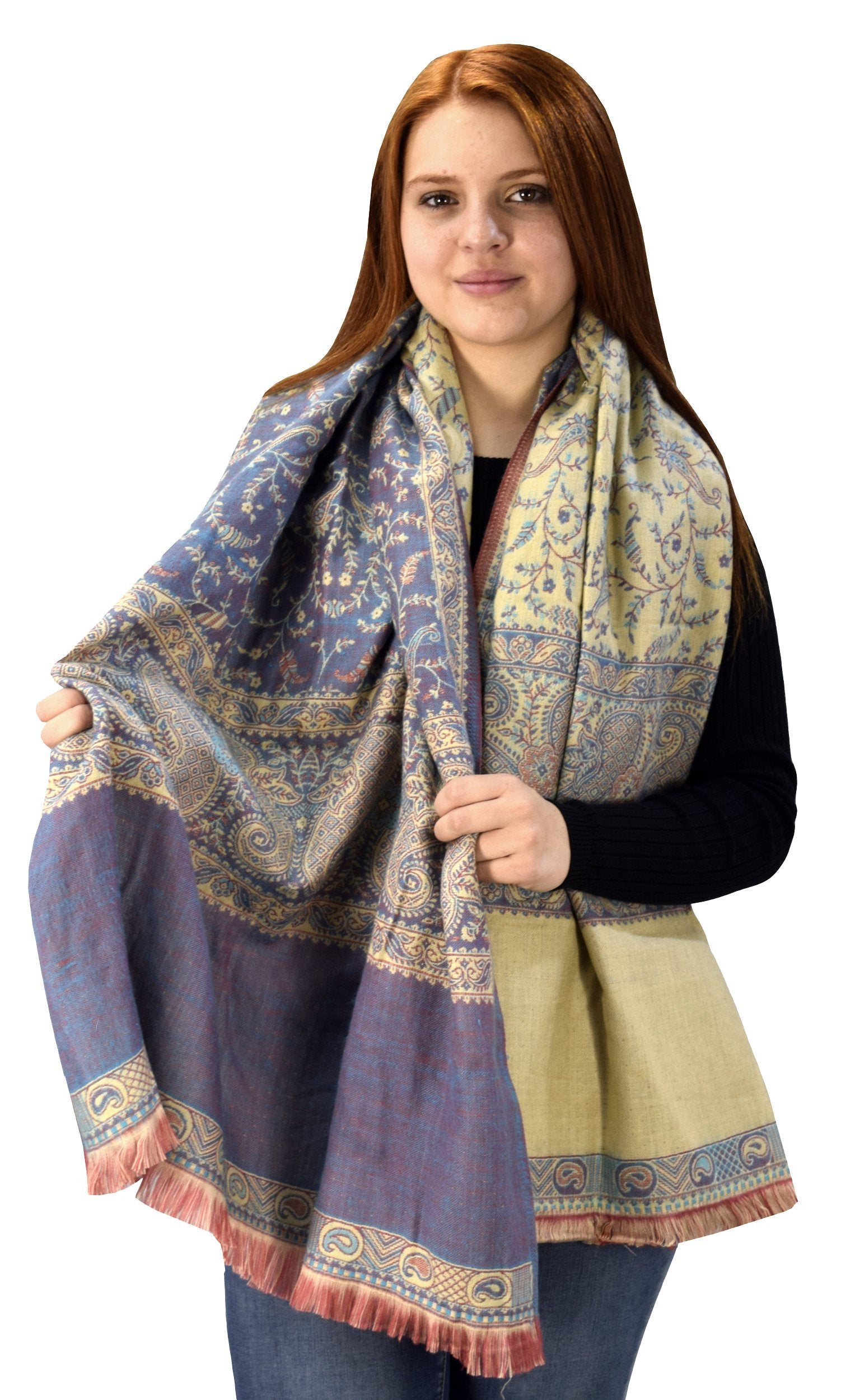 Reversible 4-Ply Thick Paisley Pashmina Scarf Wrap Shawl - Purple & Coral - Perfect for Winter Fashion, Travel & Cozy Layering