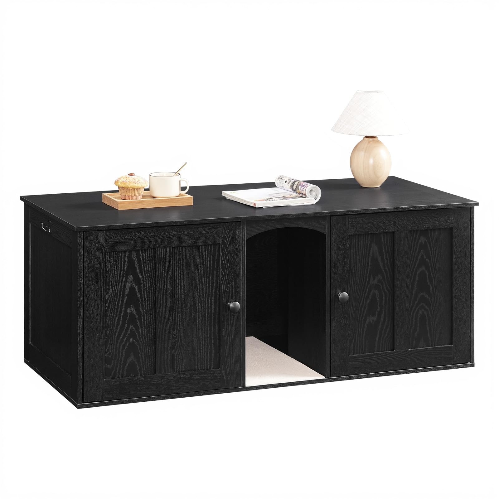 HOOBRO Double Room Cat Litter Box Enclosure - Hidden Wooden Litter Box Furniture for 2 Cats with Scratching Mat & 2 Hooks, Black (BK21MW01) - Perfect for Small Spaces & Multi-Cat Households, Discreet Litter Solution for Living Rooms & Bedrooms