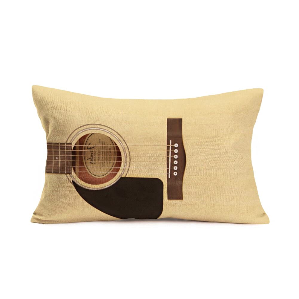 Retro Guitar Cotton Linen Throw Pillow Covers 12x20 Inch - Music Instrument Pattern Decorative Cushion Case for Sofa, Bed, Living Room (Earthy Yellow)