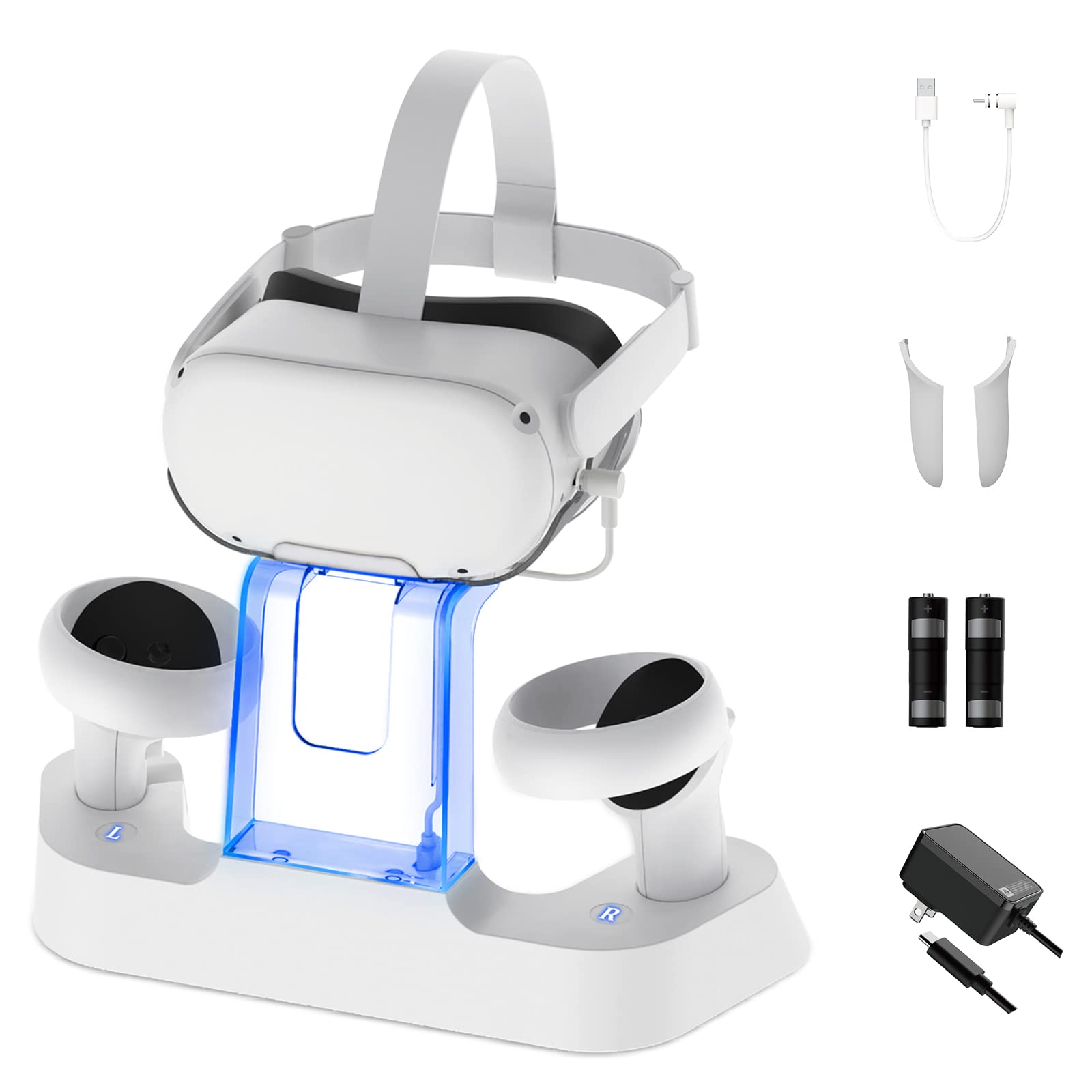 NexiGo Enhanced Charging Dock with LED Light for Oculus/Meta Quest 2 VR Headset - Compatible with Elite Strap with Battery, Includes Headset Stand, Controller Mount & 2 Rechargeable Batteries (White) - Perfect for VR Gaming Setup & Organized Storage