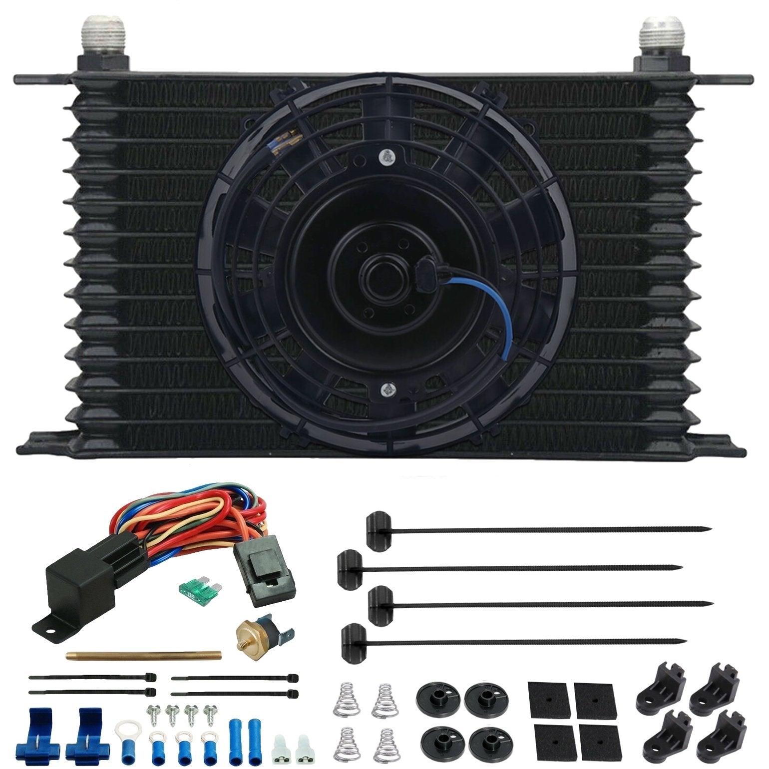 13 Row Transmission Oil Cooler with Electric Fan - Push-in Fin Probe Thermostat Switch for Improved Performance & Cooling Efficiency - Perfect for Trucks, RVs & High-Performance Vehicles
