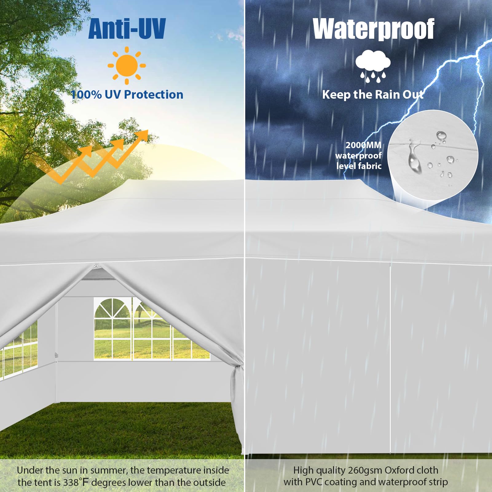 HOTEEL 10x20 FT Heavy Duty Pop Up Canopy Tent with 6 Sidewalls - Easy Setup Instant Gazebo for Outdoor Events, Weddings, Parties - Includes Roller Bag & Sand Bags - White Hexagonal Frame - Perfect for Backyard Gatherings, Farmers Markets, and Beach Outings