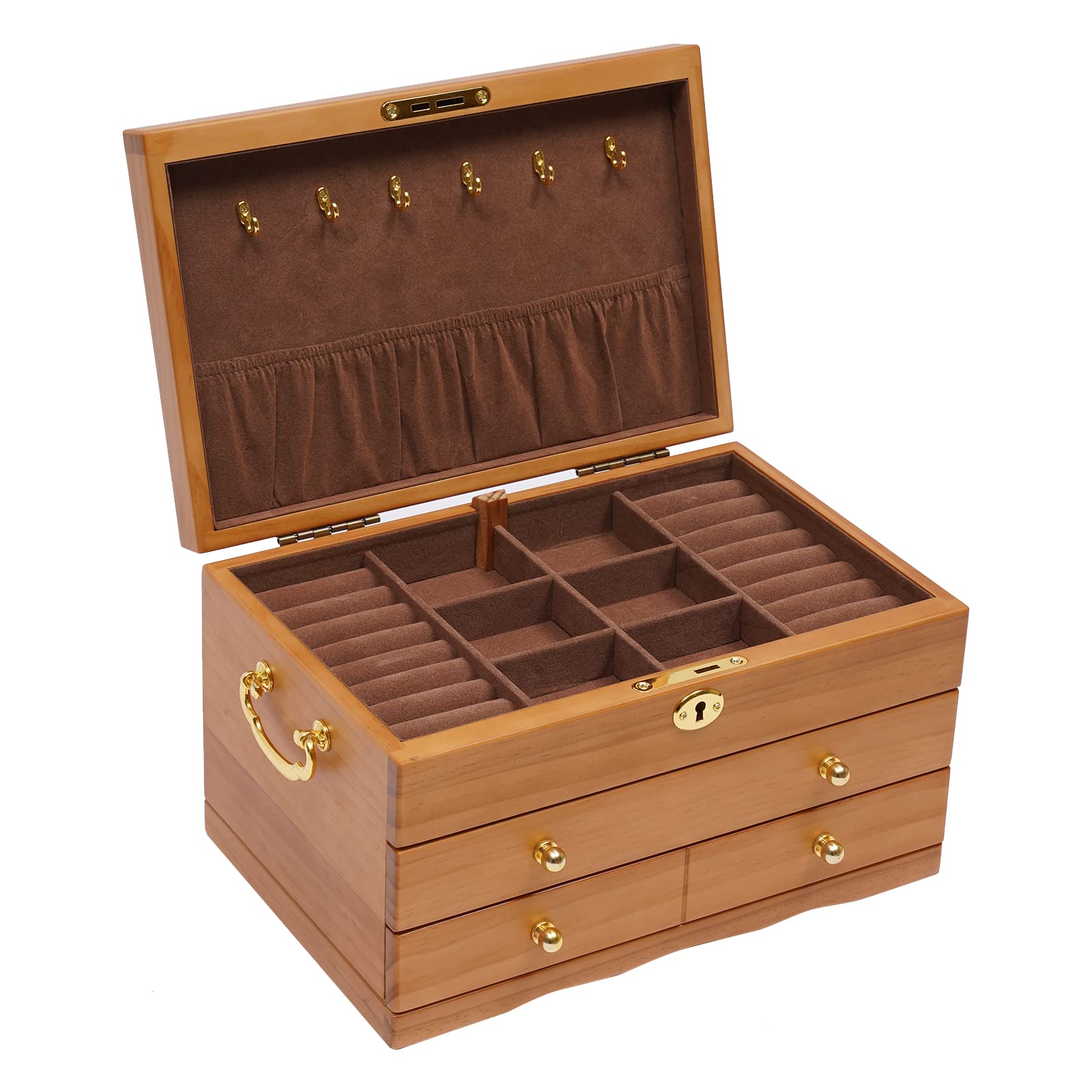 3 Layer Wooden Jewelry Storage Box with 3 Drawers - Organizer for Earrings, Necklaces, Bracelets, Rings & Pendants - Portable Travel Jewelry Case for Women - Perfect for Home, Office & Vacation Use