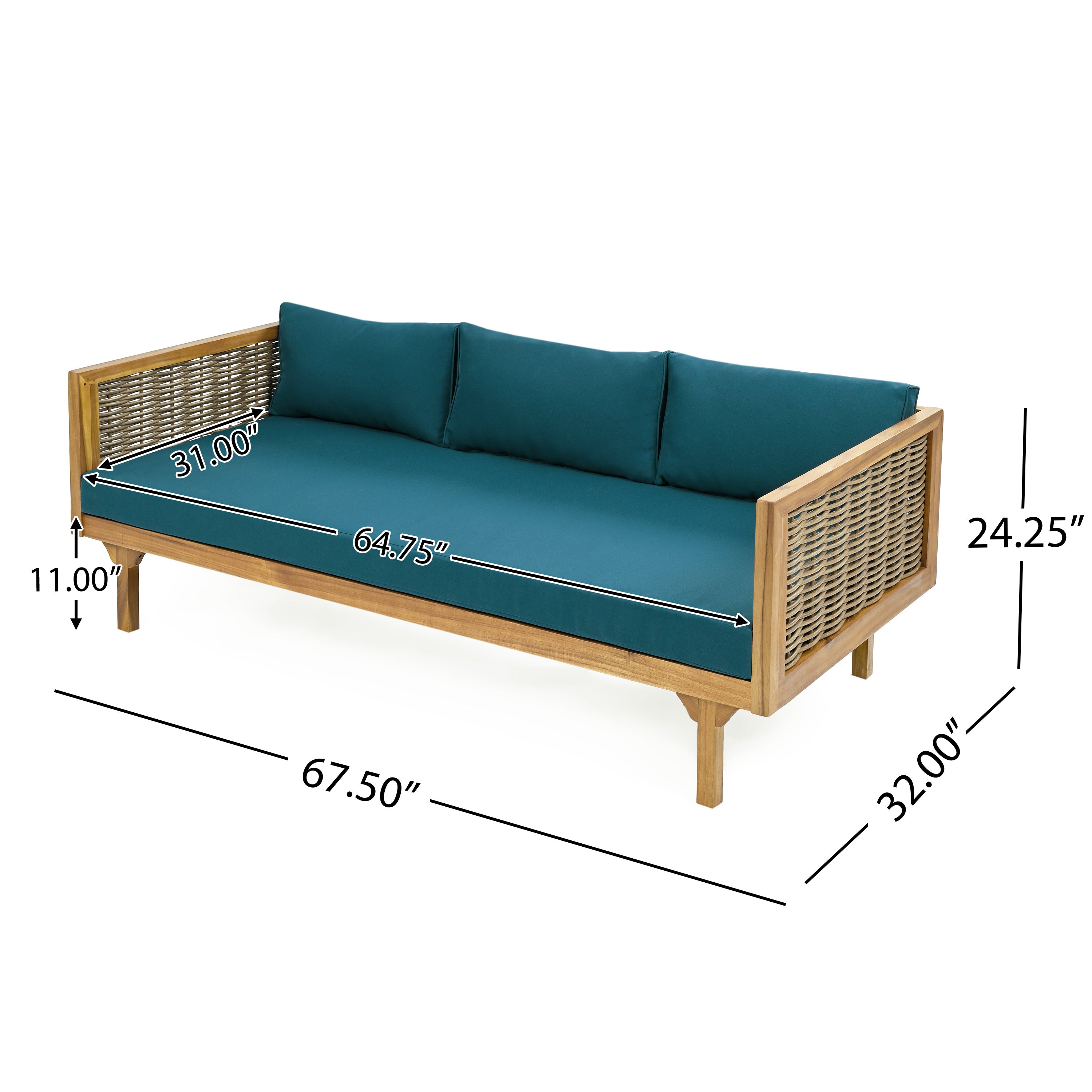 CLAREMONT 3-Seater Rattan Arm Daybed with Teak Cushion - Perfect for Patio, Sunroom or Outdoor Lounge Relaxation