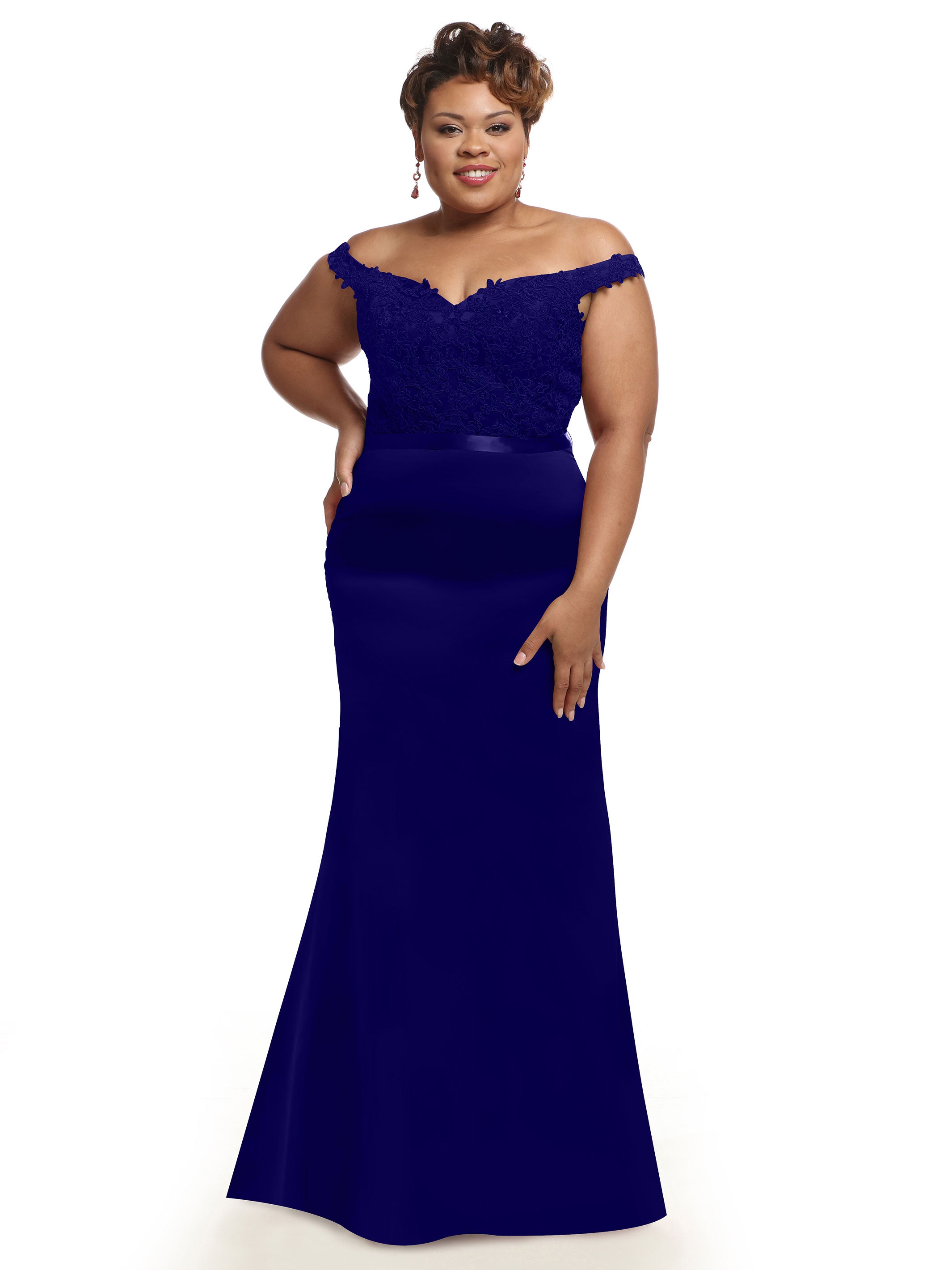Elegant 80104 Satin Off-The-Shoulder Bridesmaid Dress with Lace Bodice & Waist Sash - Perfect for Weddings, Proms & Formal Events