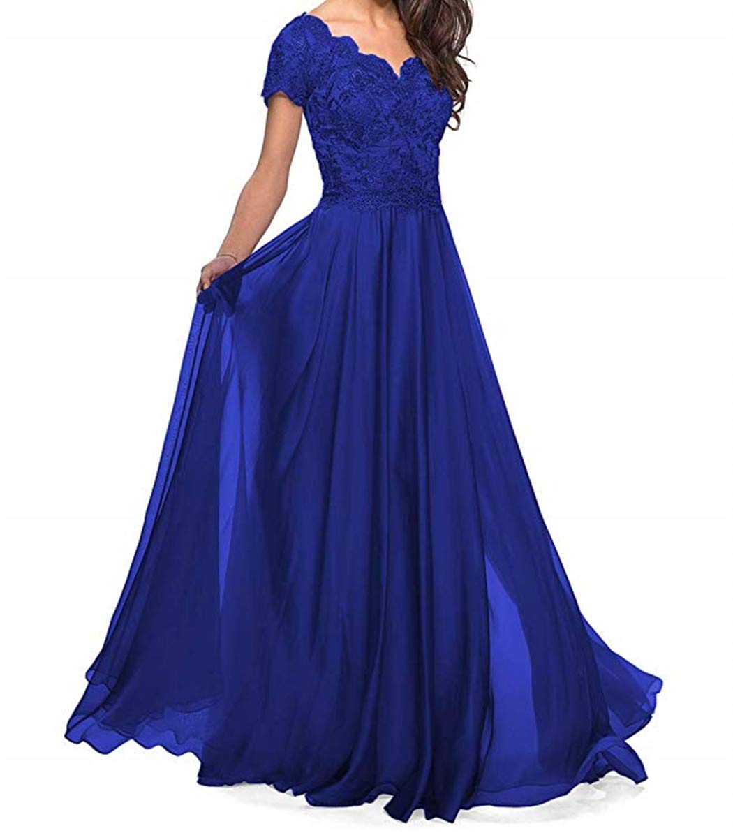 Elegant Lace Appliques Mother of The Bride Dress - Long Chiffon A-Line Short Sleeves Wedding Gown for Women | Perfect for Wedding Ceremonies, Receptions & Formal Events