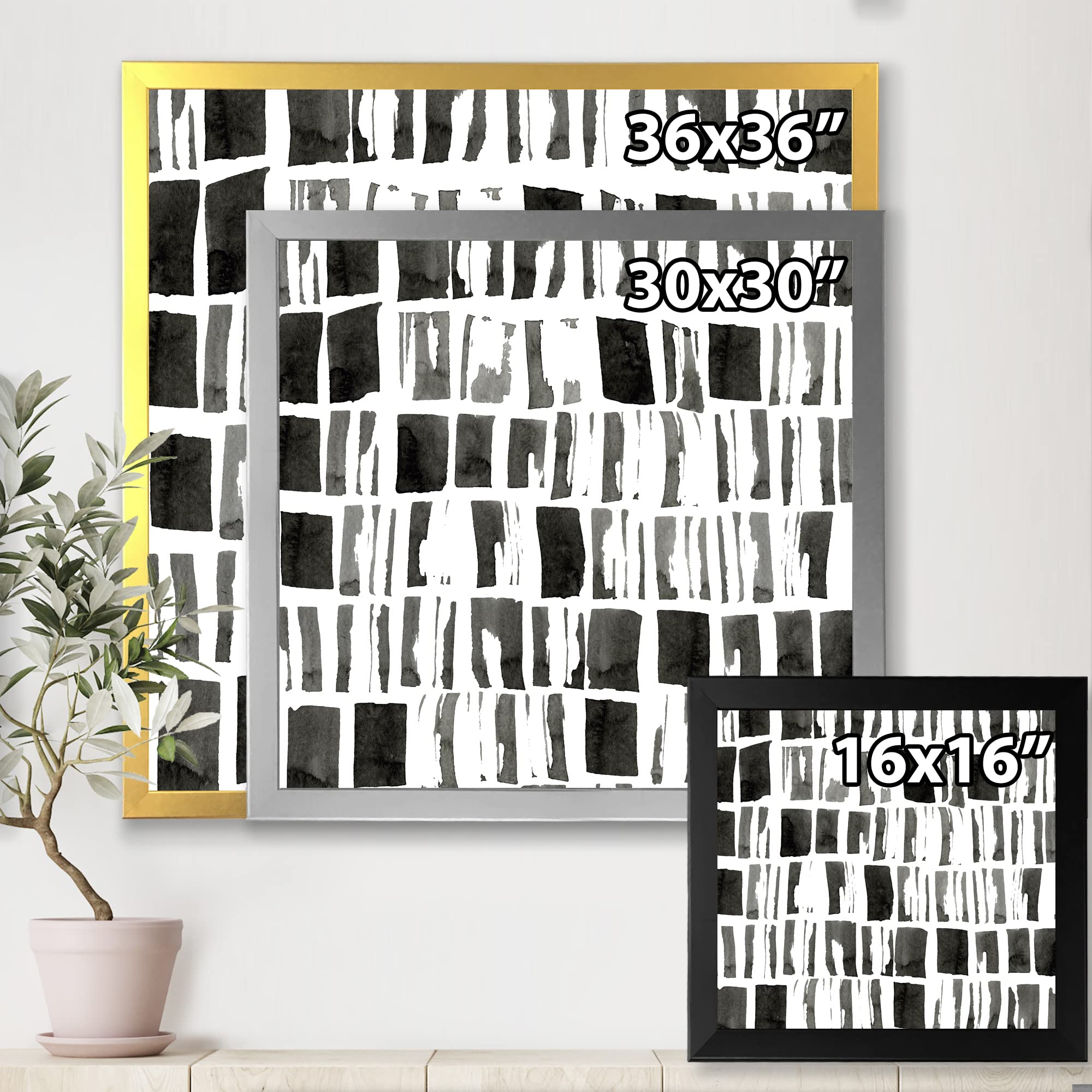 DesignQ Abstract Monochrome Bricks Modern Framed Wall Art - Contemporary Home & Office Decor for Living Room, Bedroom, Dining Area