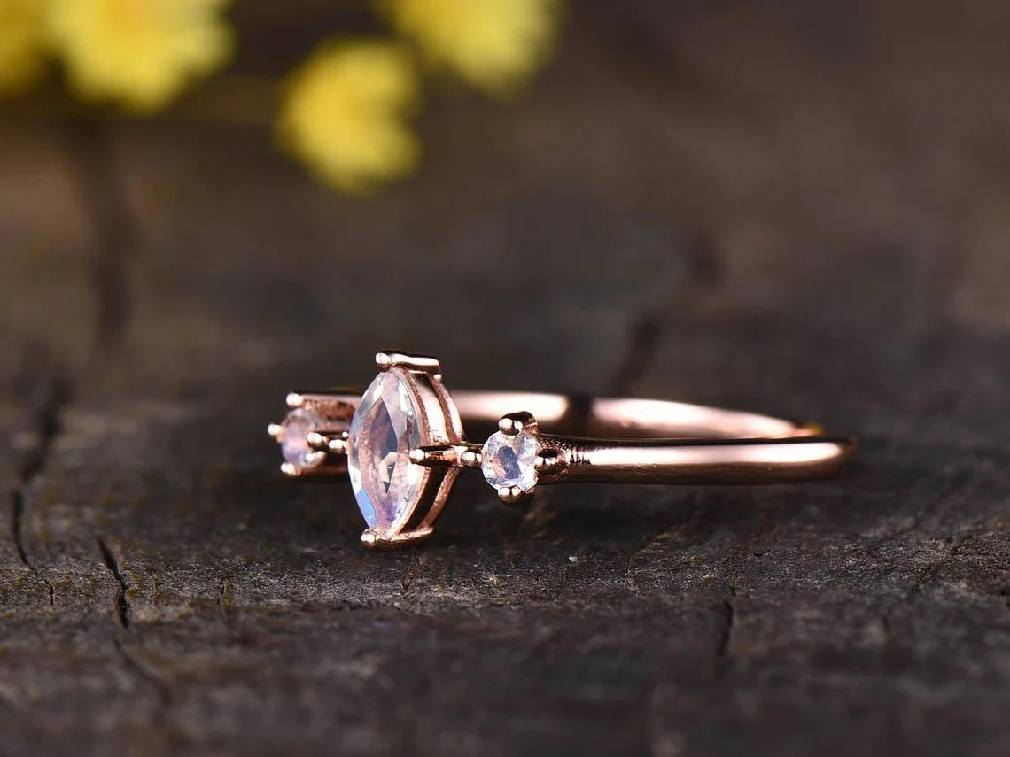 Marquise Moonstone Engagement Ring - Rose Gold Three Stone Vintage Ring for Women | Perfect for Weddings, Proposals & Anniversary Gifts