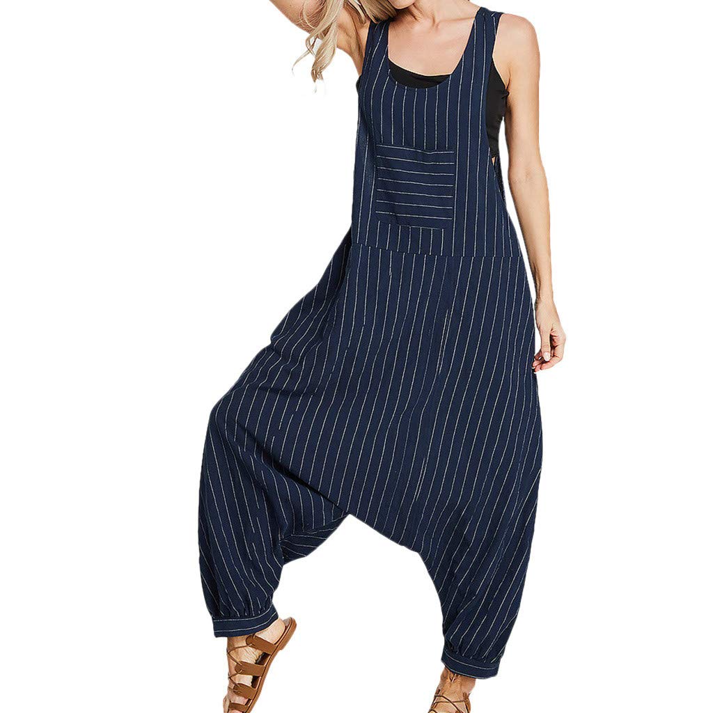 Women's Loose Fit Casual Stripe Print Sleeveless Overalls - Drop Crotch Jumpsuit with Pockets | Perfect for Summer Outings, Music Festivals & Streetwear Fashion