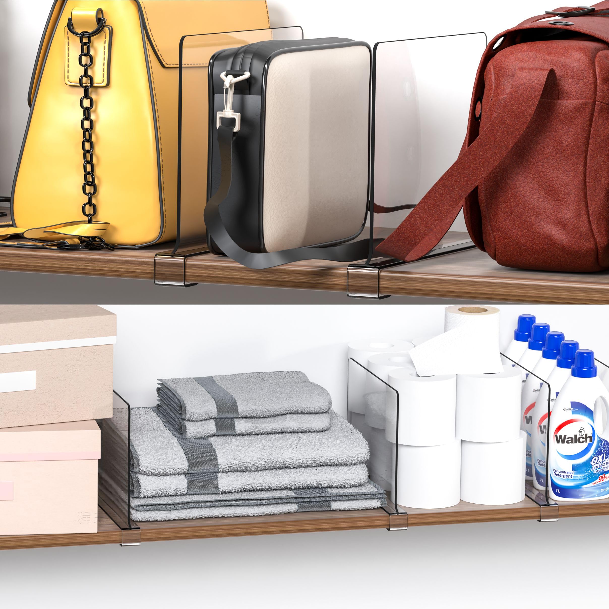 Yieach Clear Acrylic Shelf Dividers - 6 Pack Closet Organizer for Purses, Clothes & Handbags | Perfect for Kitchen Cabinets, Bedroom Storage & Wardrobe Organization | Durable Shelf Separators for Better Closet & Cabinet Organization